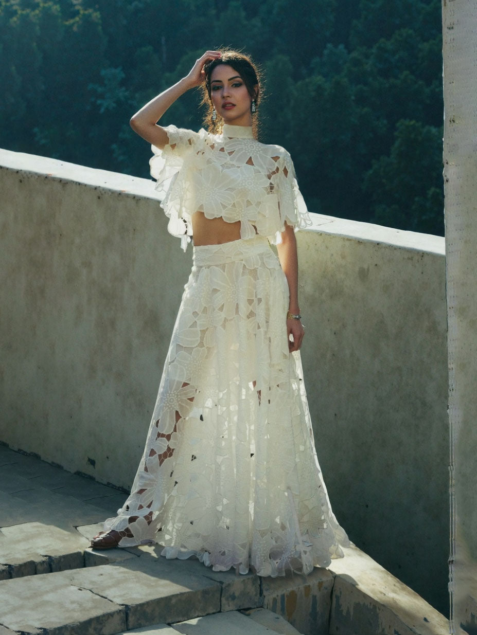 Elegant High-Neck Embroidered Lace Short Shirt & Skirt Two-Piece Set White