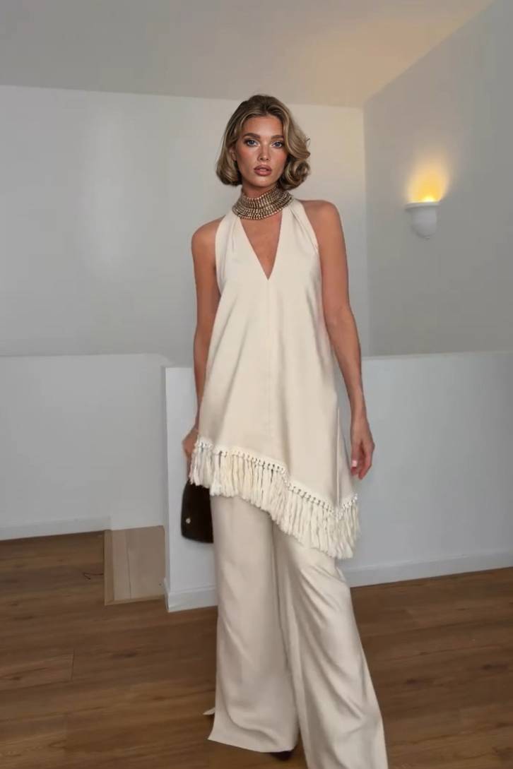 Halter-Neck Tassel Top And Wide Leg Pants Set Off White