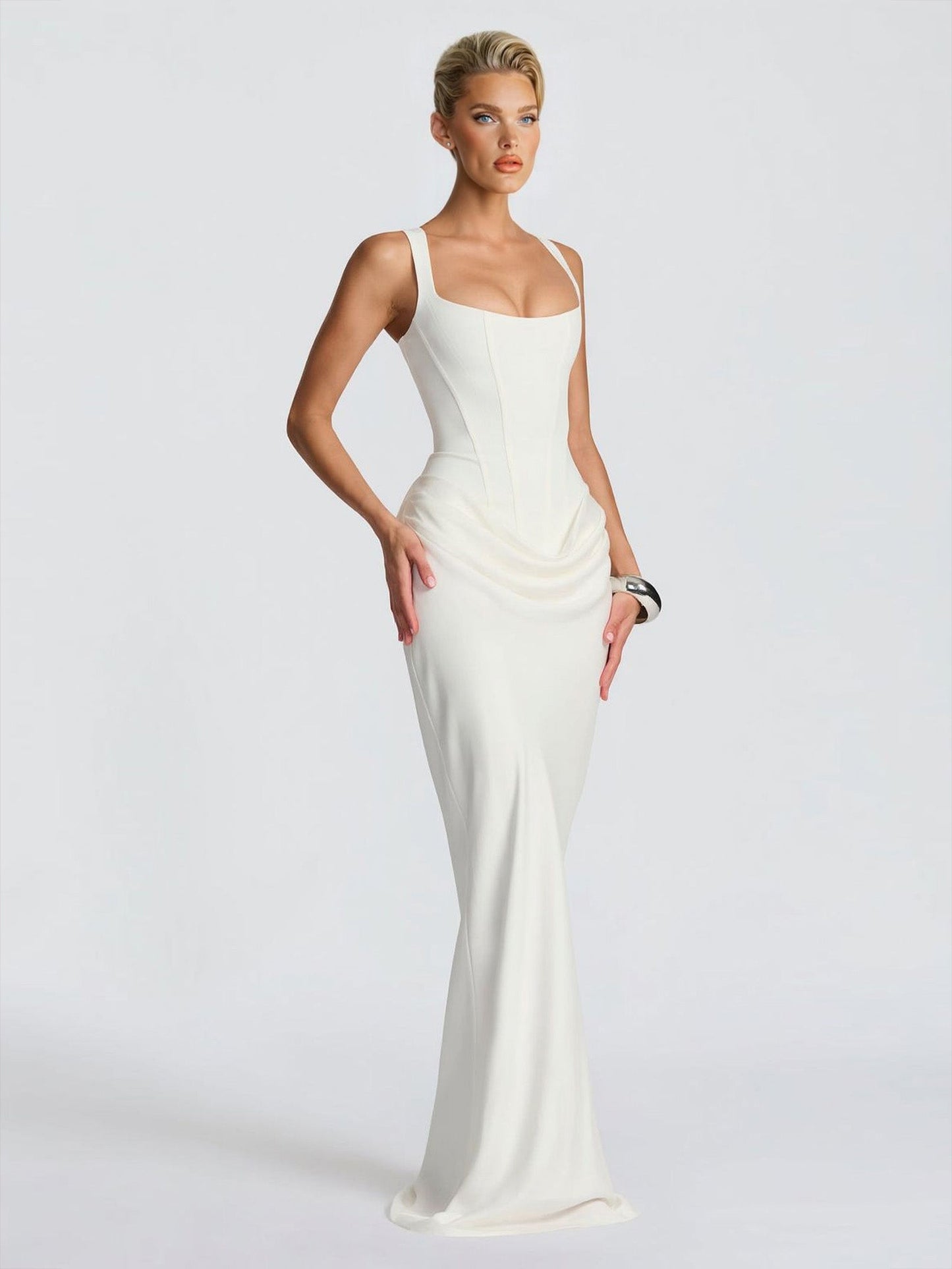 Elegant Square Neck Cinched Top & Ruched Waist Draped Maxi Dress