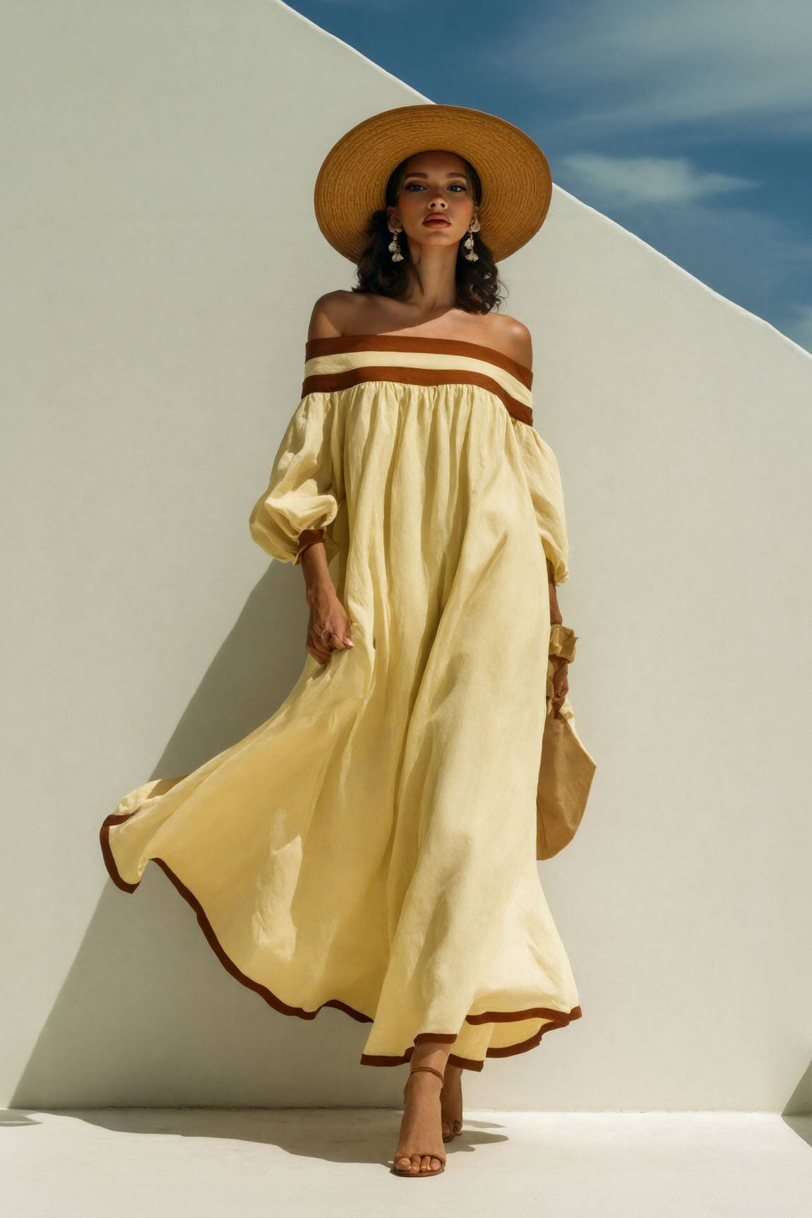 Color Contrast Off-Shoulder Loose-Fitting Dress Yellow