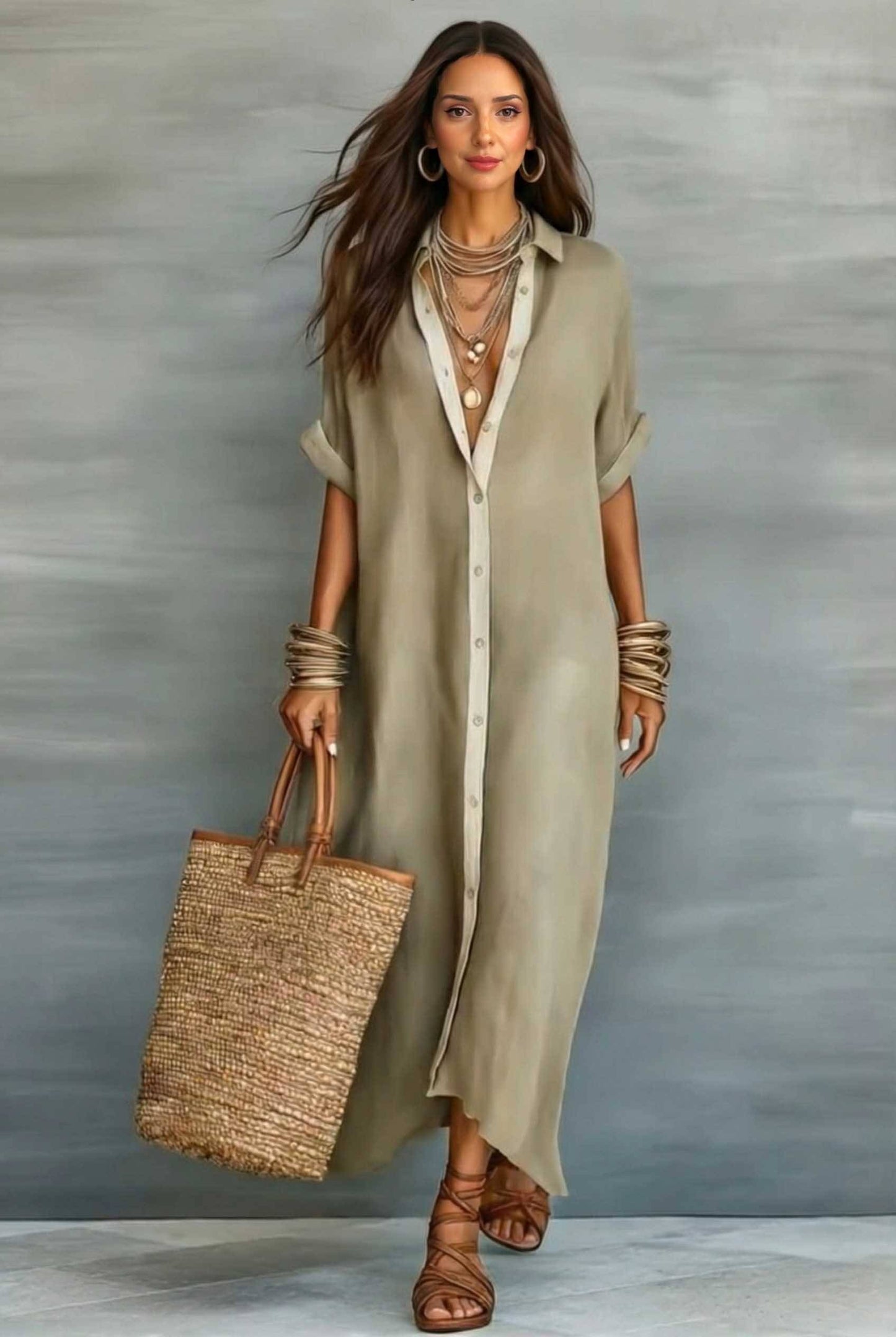 Color Contrast Loose Maxi Shirt Dress Khaki
