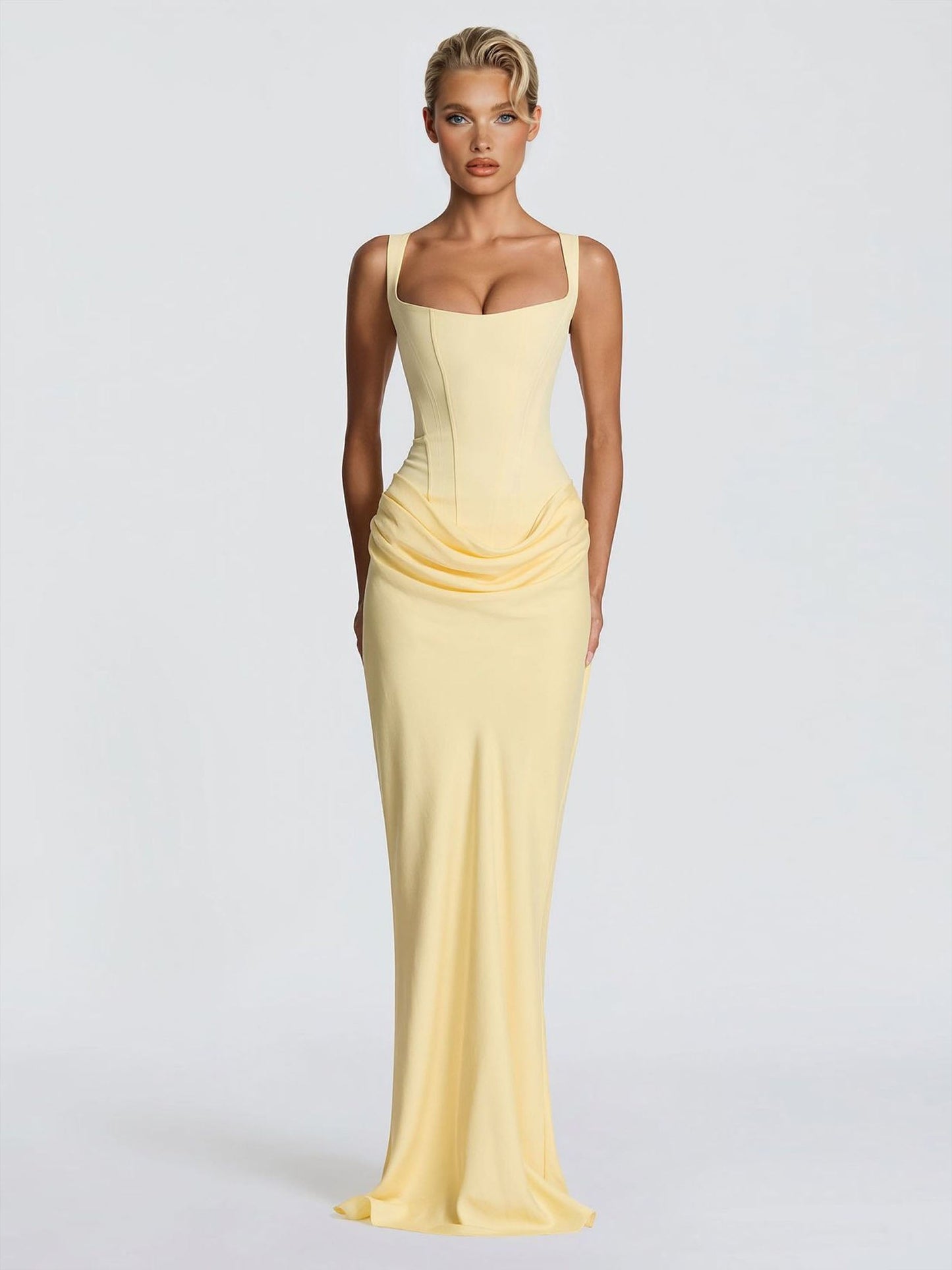 Elegant Square Neck Cinched Top & Ruched Waist Draped Maxi Dress Yellow