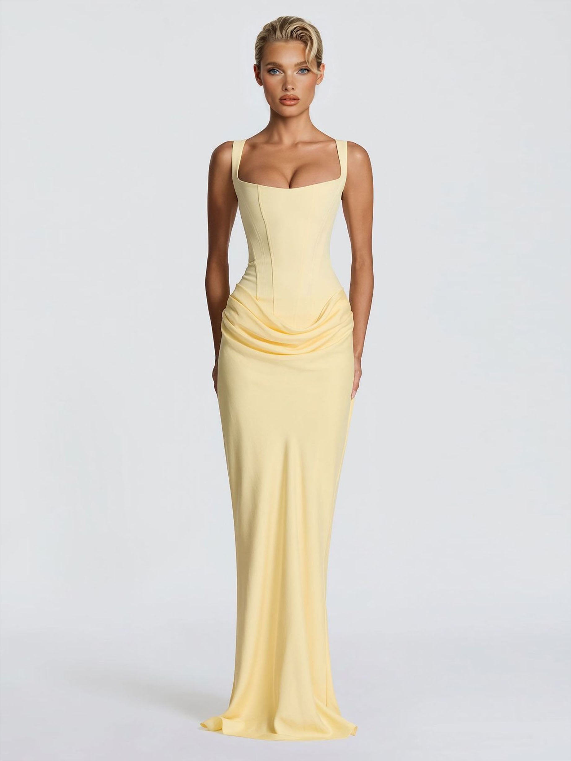 Elegant Square Neck Cinched Top & Ruched Waist Draped Maxi Dress Yellow