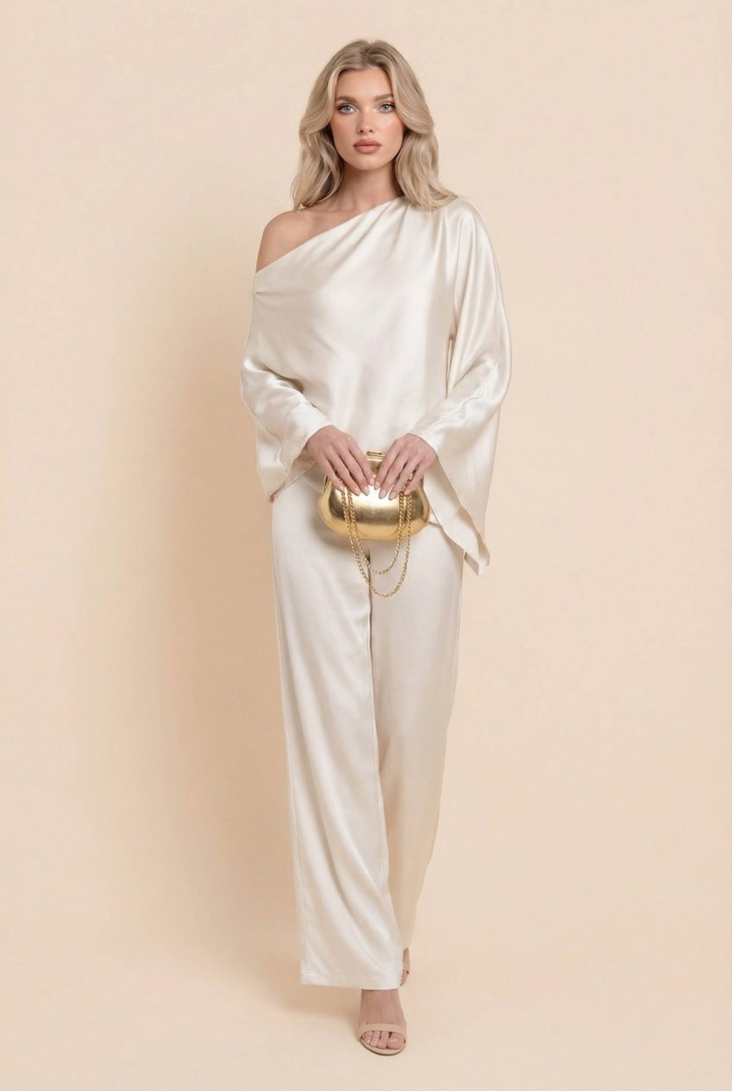 Off-Shoulder Asymmetric Shirt And Wide Leg Pants Set Apricot