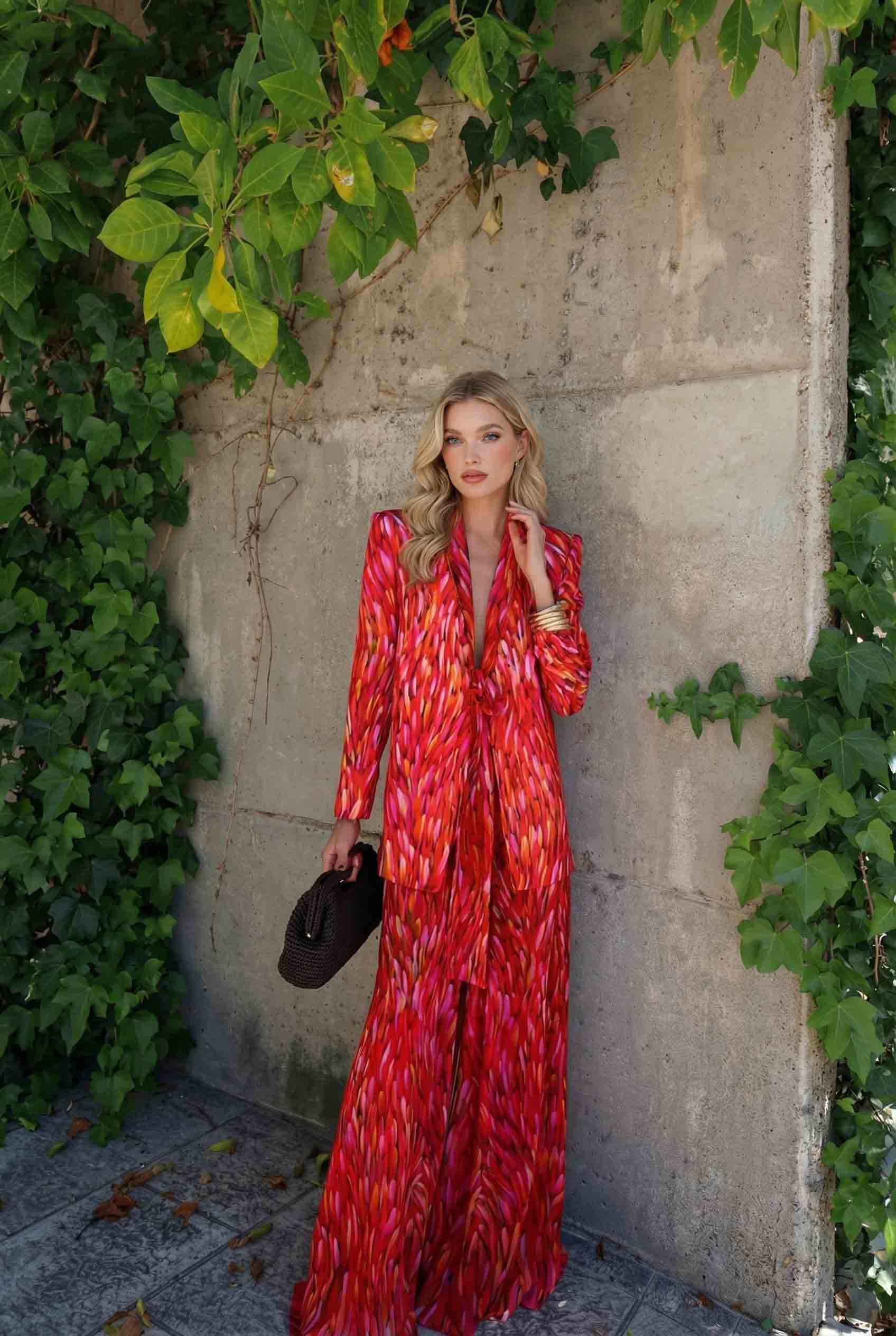 Unique Printed Blazer And Wide Leg Pants Set Red