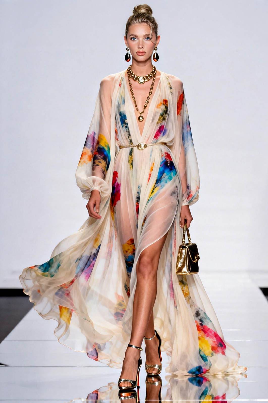 Deep V-Neck Puff Sleeve Printed Maxi Dress Printed