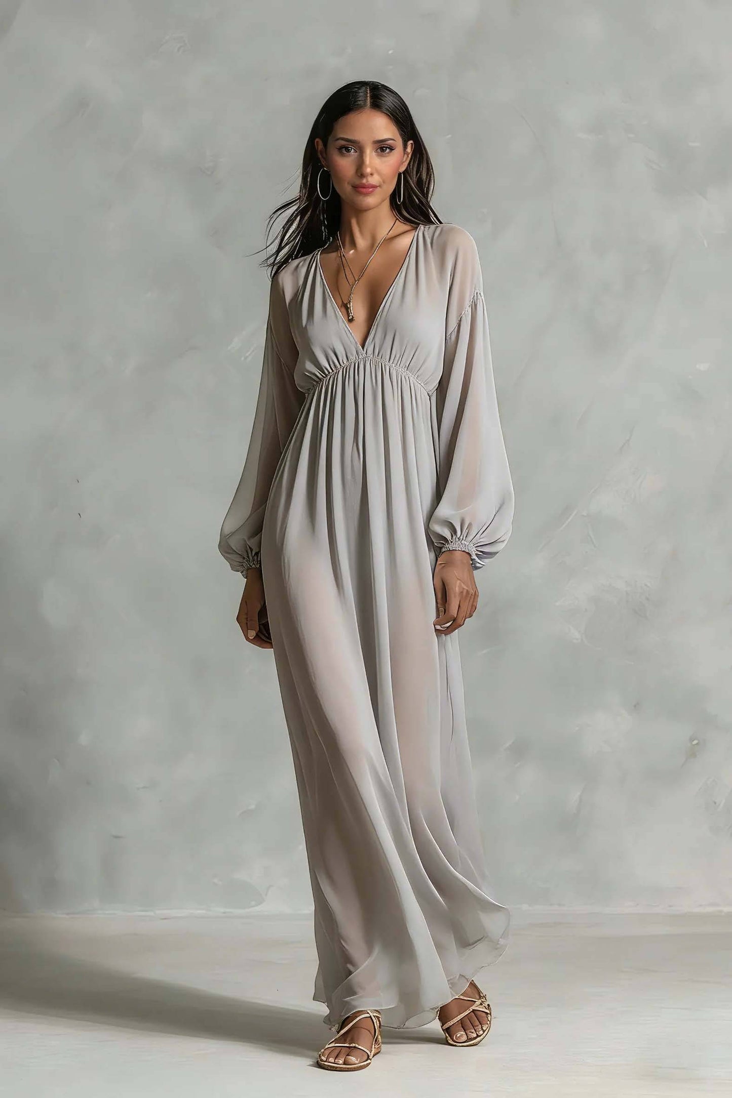 V-neck Long-sleeved Chiffon Maxi Dress Grey
