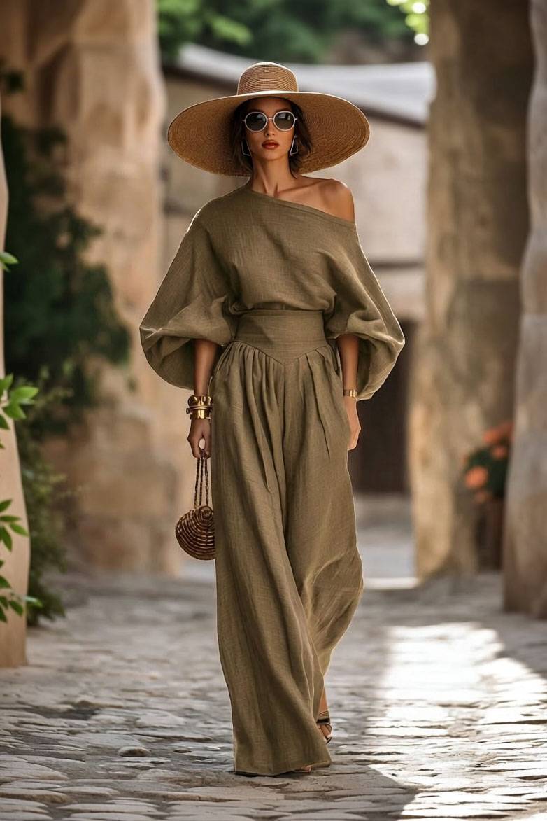 Off-shoulder Shirt And Wide-leg Pants Set Khaki Brown