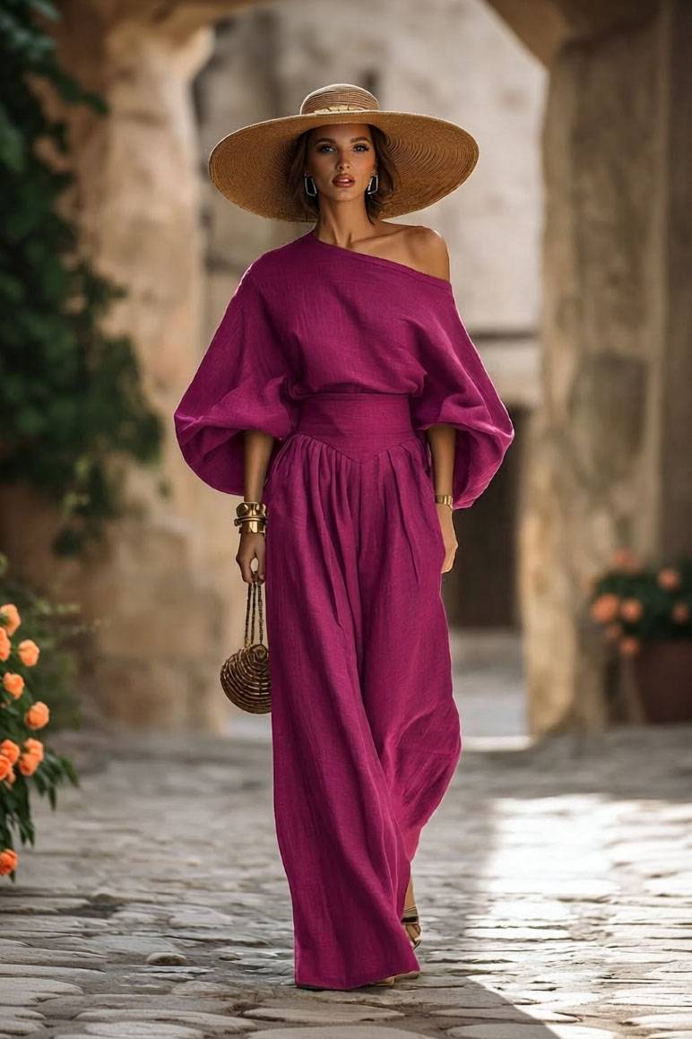 Off-shoulder Shirt And Wide-leg Pants Set Rose Red