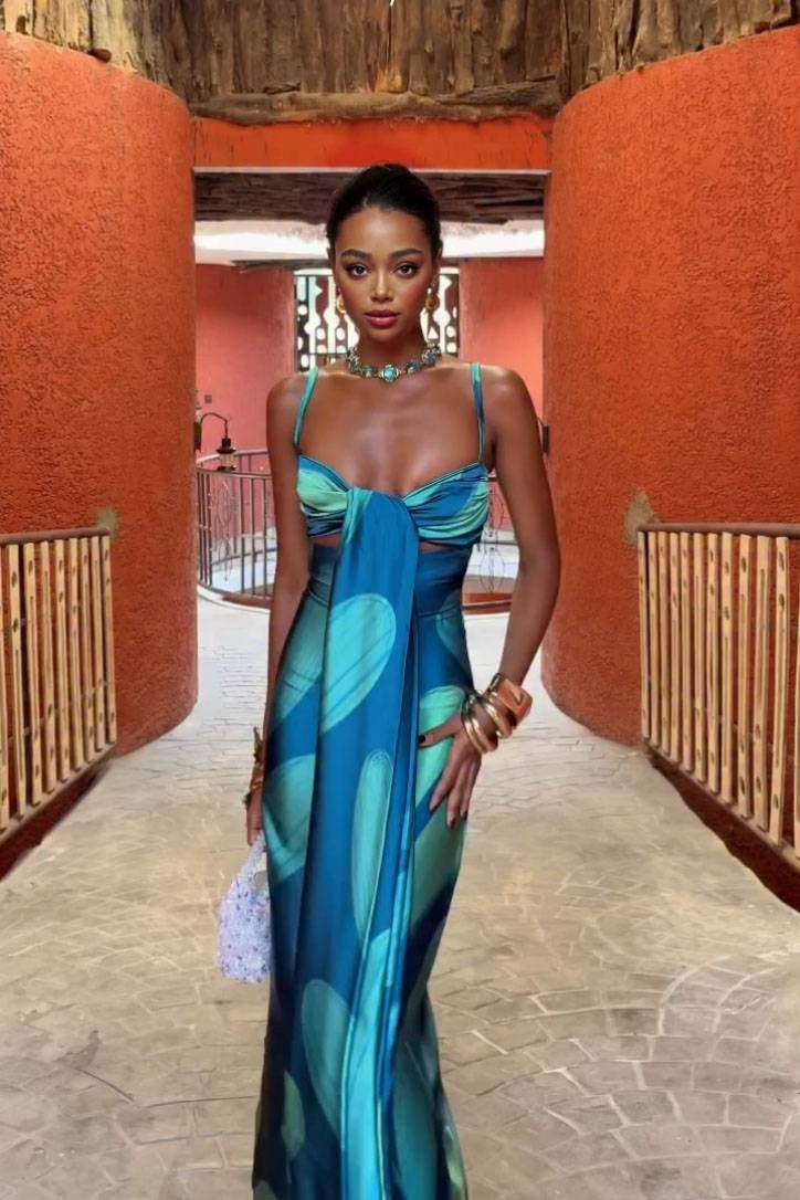 Printed Lace-Up Design Maxi Dress Printed