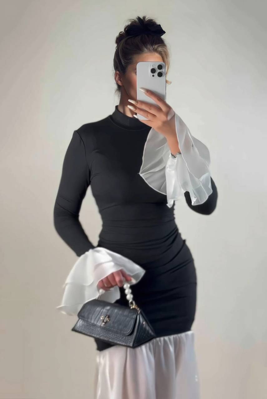 Color Contrast Fishtail Slim Fit Midi Dress Black