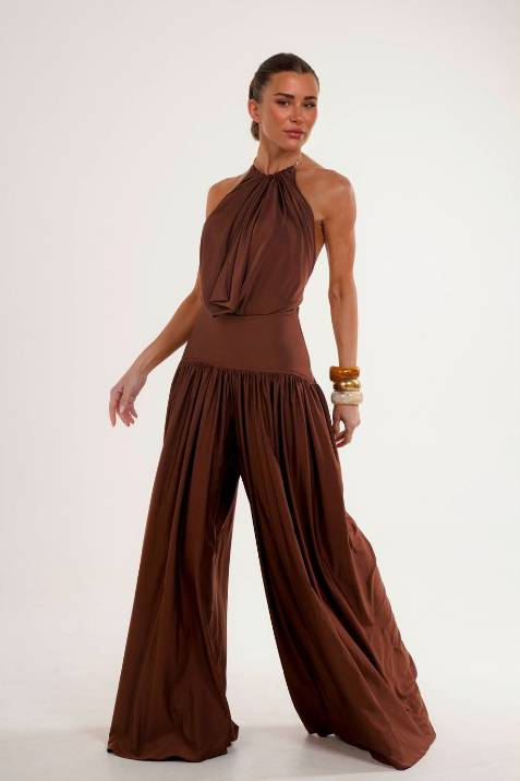 Halter-Neck Backless Bodysuit And Wide Leg Pants Set Coffee
