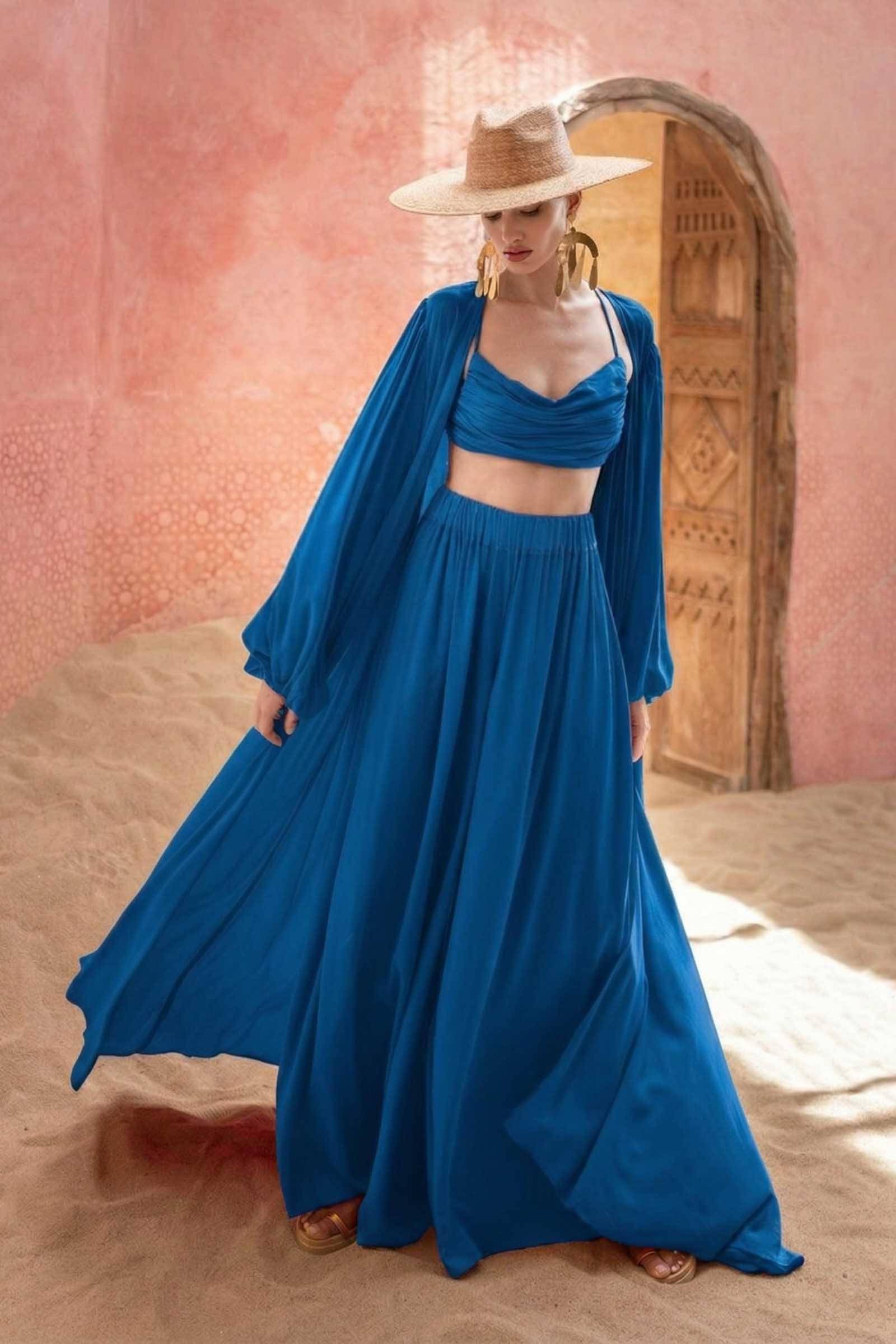 Sling Top And Wide-leg Pants and Jacket Three-piece Set Blue