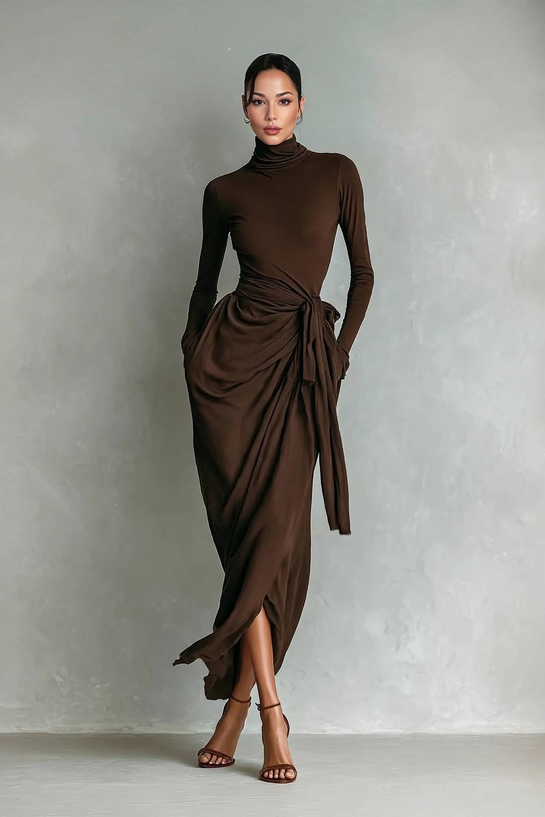 High Neck Lace-Up Side Slit Dress Brown