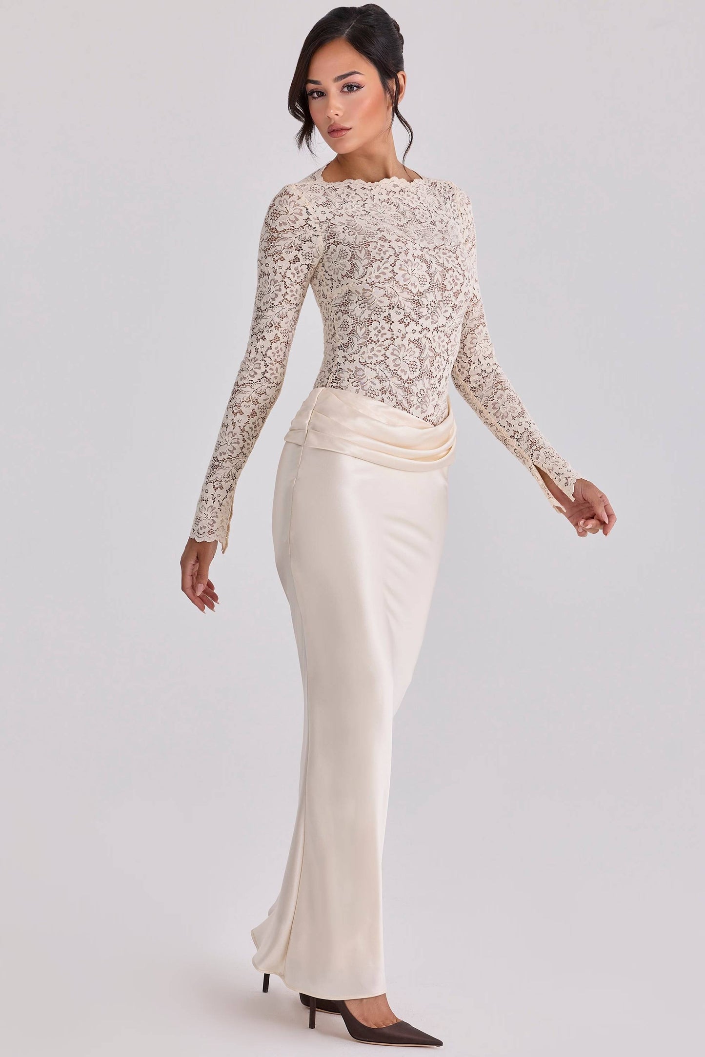 Lace Splicing Pleated Design Maxi Dress