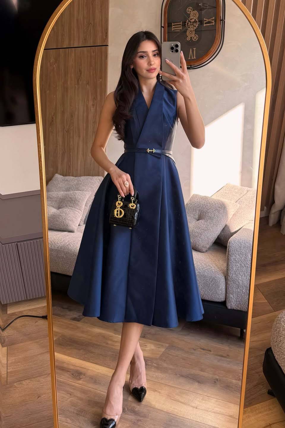 V-Neck High-waisted A- Line Midi Dress Navy Blue
