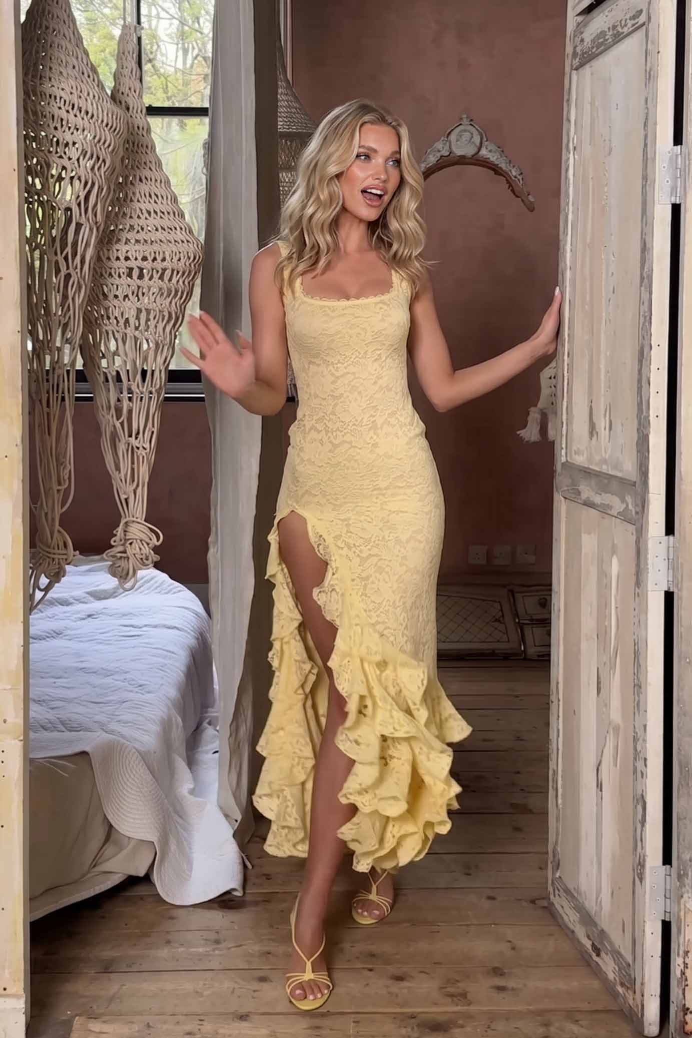 Lace Slit Ruffled Maxi Dress