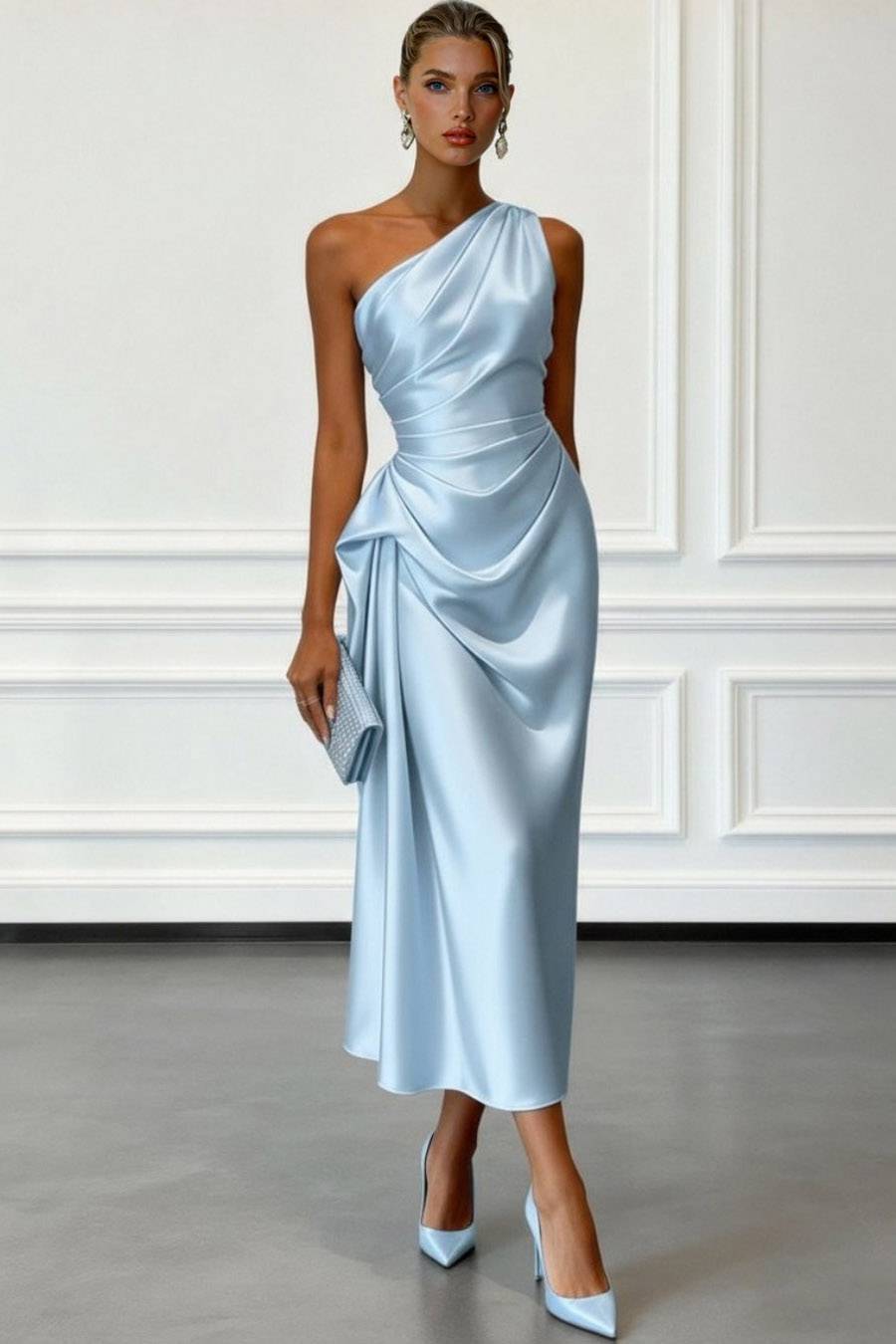 Slanted Collar Pleated Design Midi Dress Blue