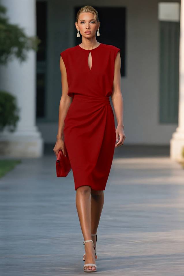 Hollow Design Pleated Midi Dress Red
