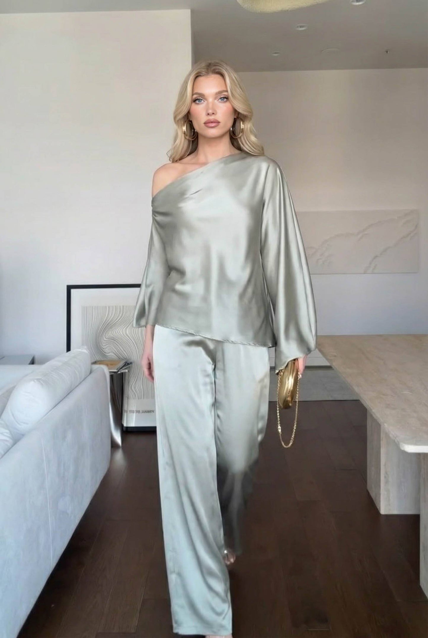 Off-Shoulder Asymmetric Shirt And Wide Leg Pants Set