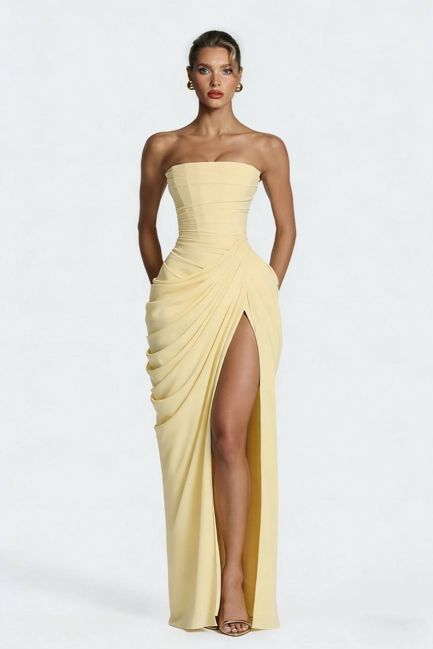 Strapless Pleated Slit Maxi Dress Yellow