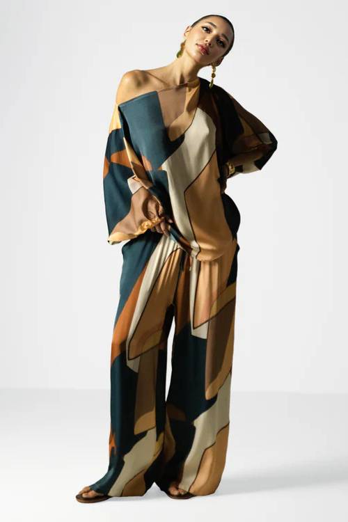 Geometric Print Shirt And Wide Leg Pants Set Printed