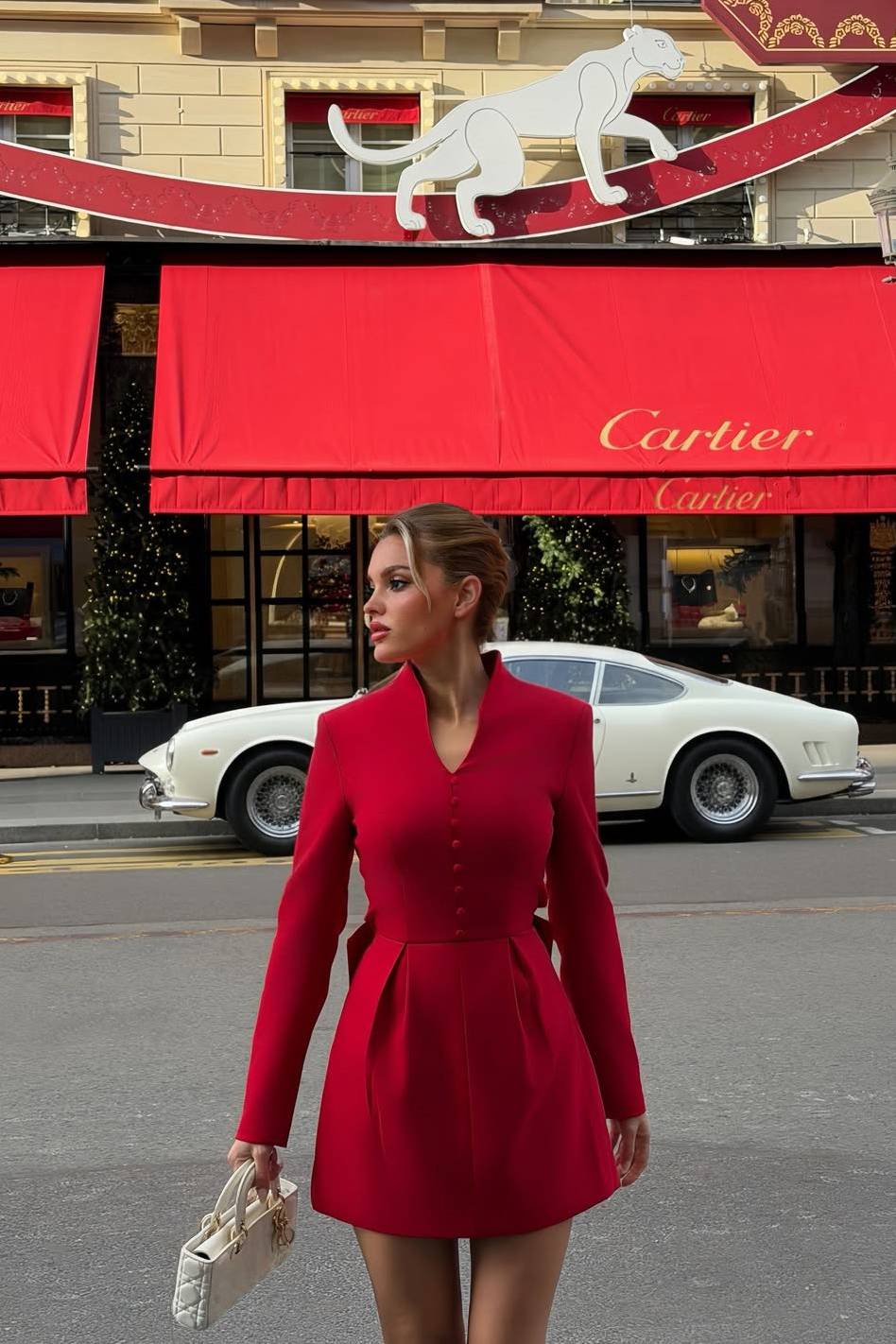 Stand Collar Bow Design Mini Dress Red