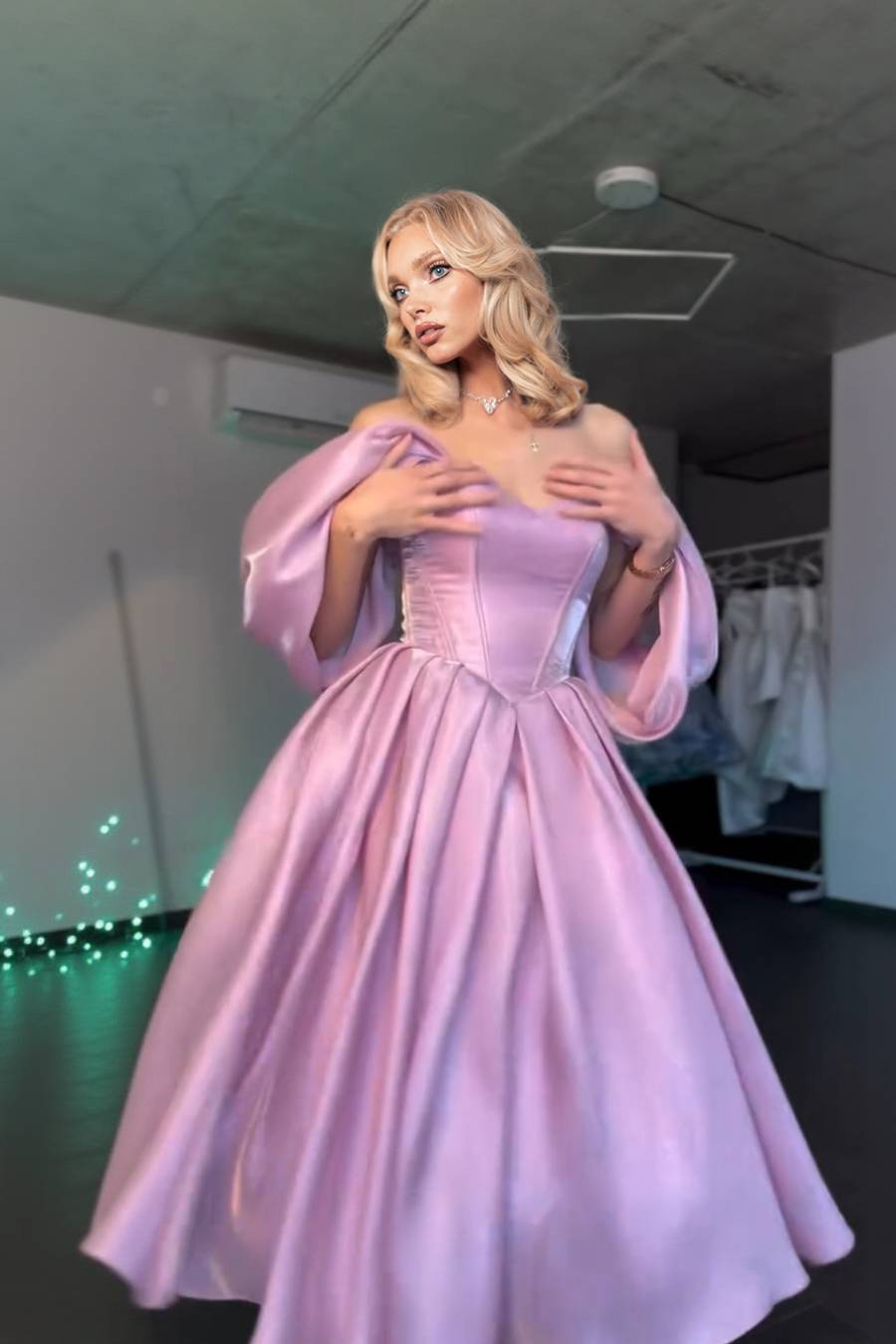 Elegant Off-shoulder A- Line Skirt Midi Dress Pink