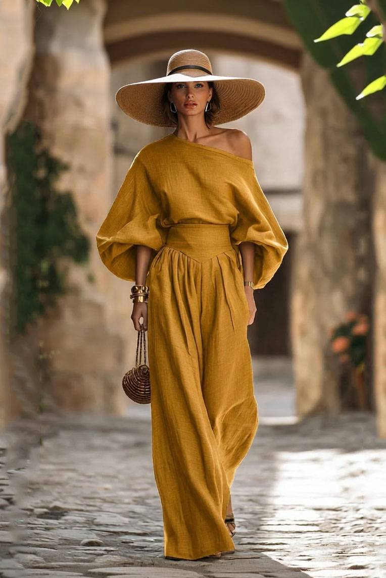 Off-shoulder Shirt And Wide-leg Pants Set Brown Yellow