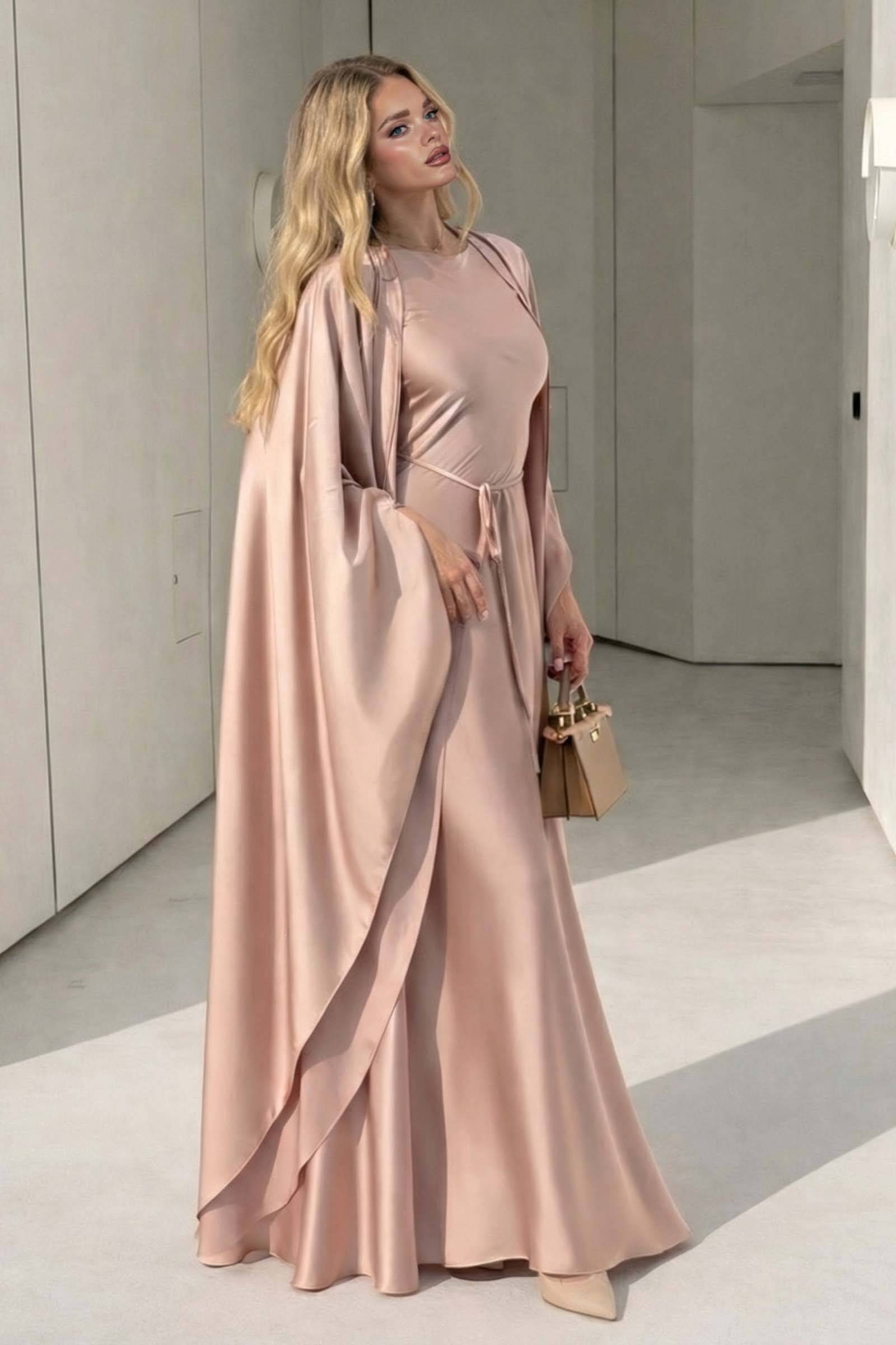 Short Sleeve Maxi Dress Shawl Set Pink