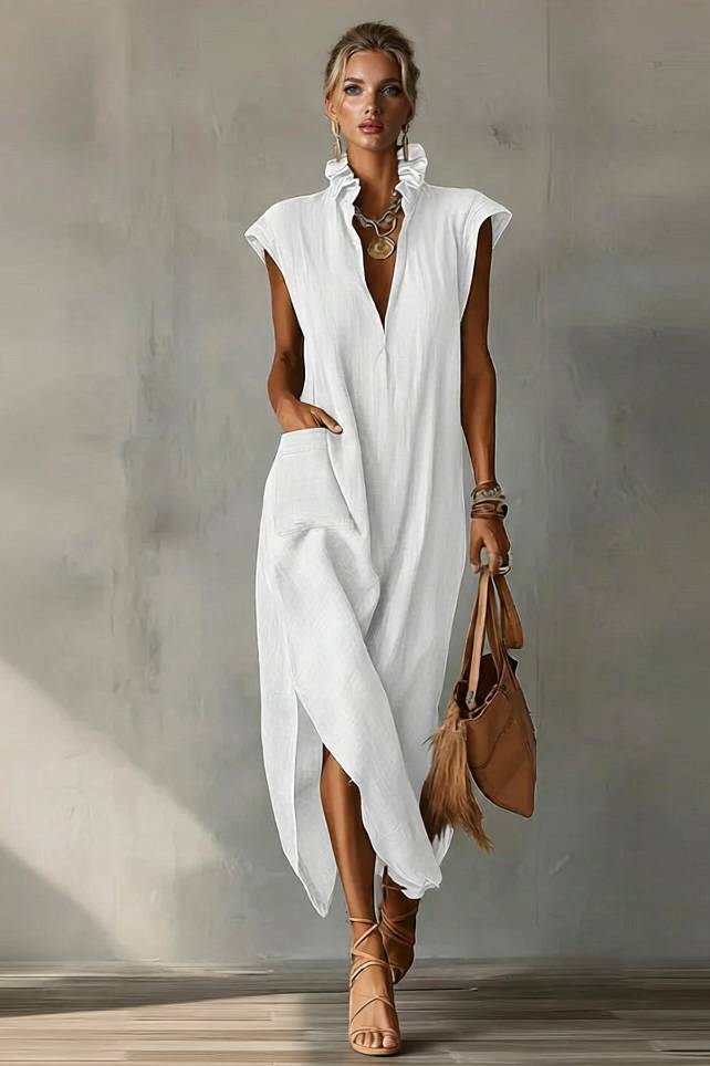 Lace Stand Collar Slit Dress White