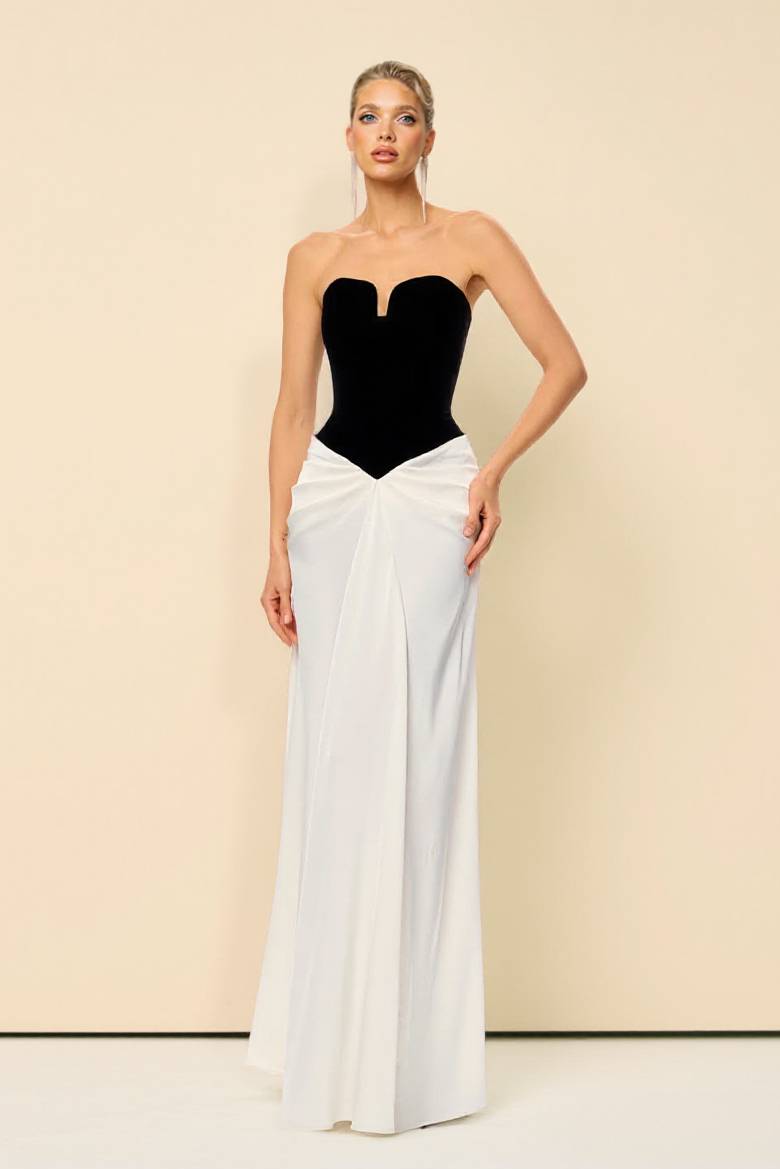 Tube Top Color Contrast Pleated Maxi Dress Black White
