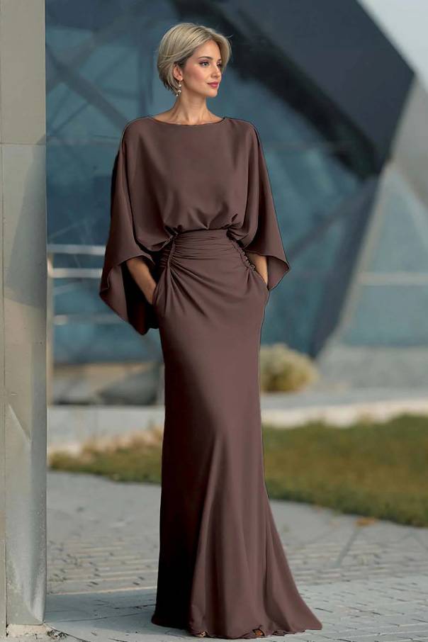 Boat Neck Backless Pleated Maxi Dress Coffee