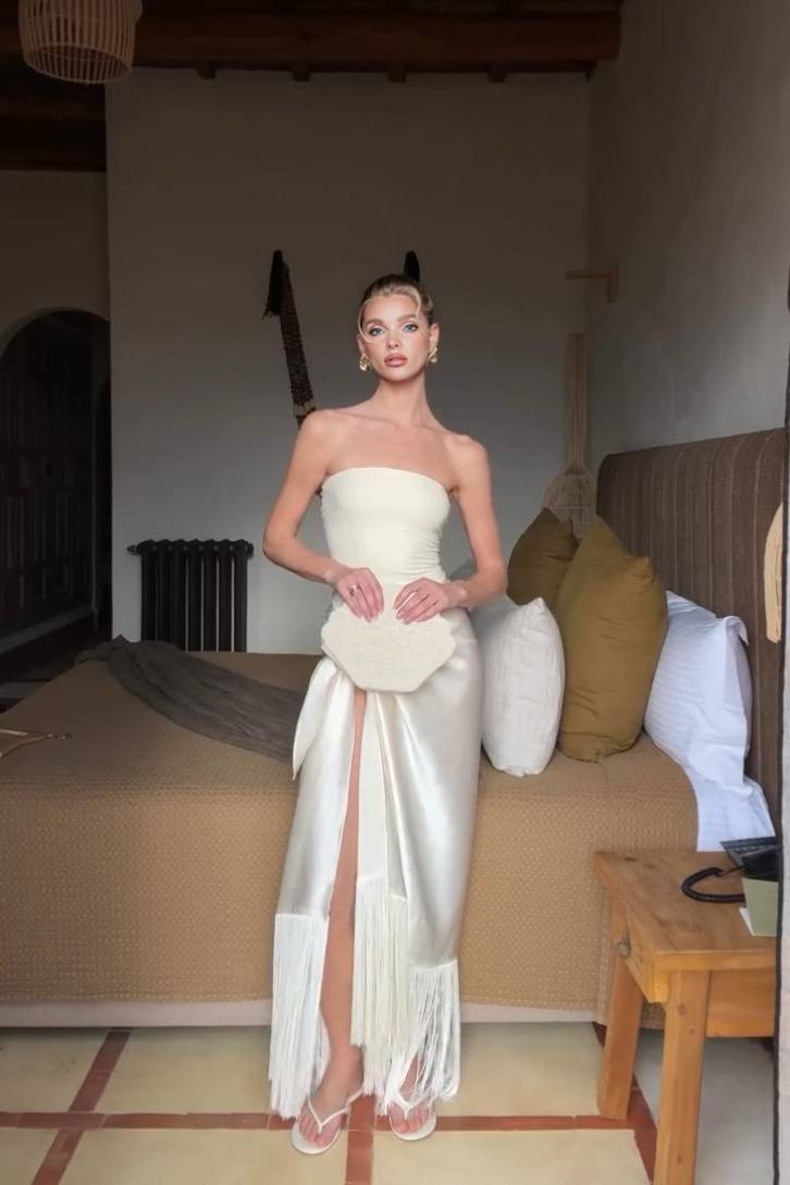 Bodysuit And Tassel Skirt Set White