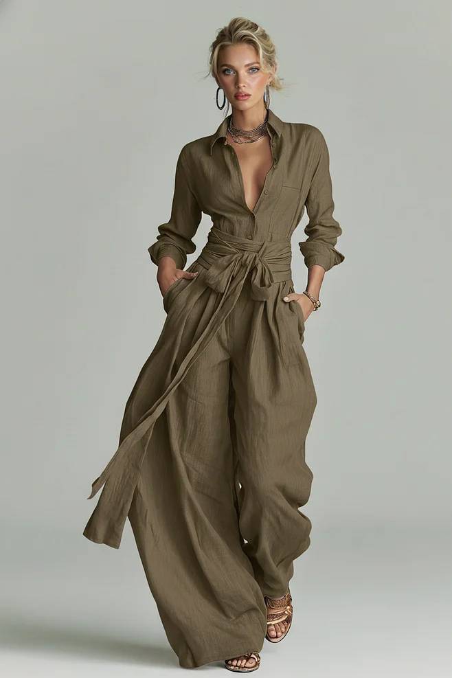 Minimalist Shirt And Lace-Up Wide-Leg Pants Set Green