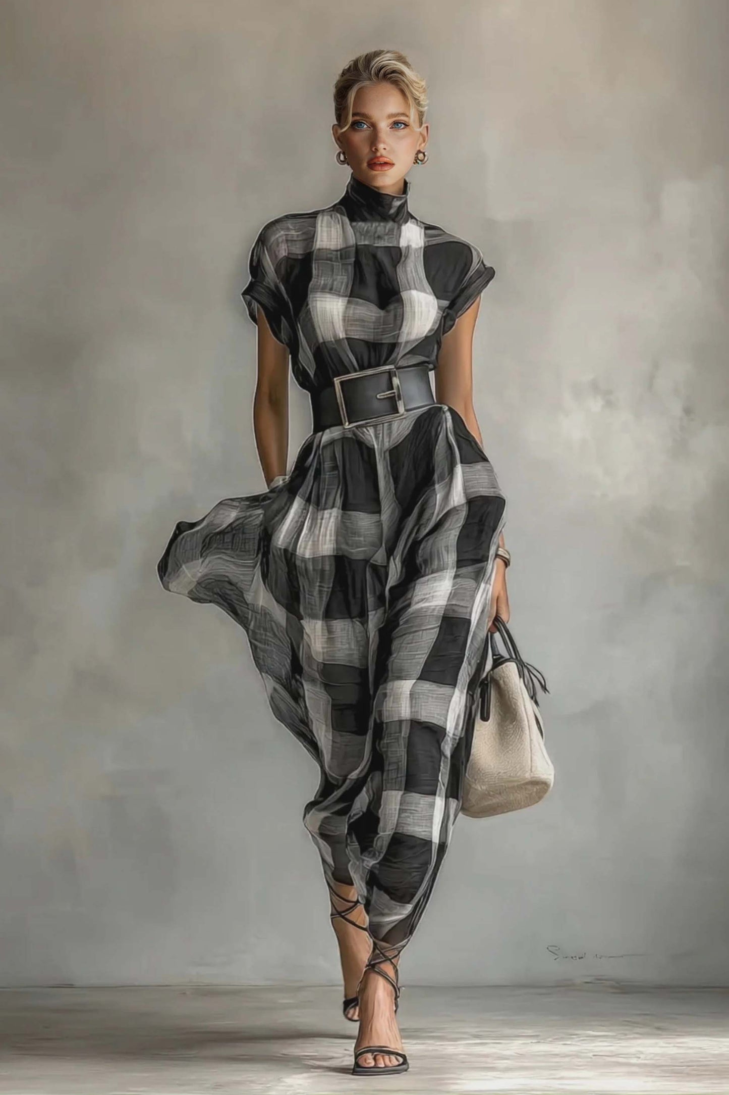 Checked Pattern Stand-Collar Short-Sleeved Dress Black White