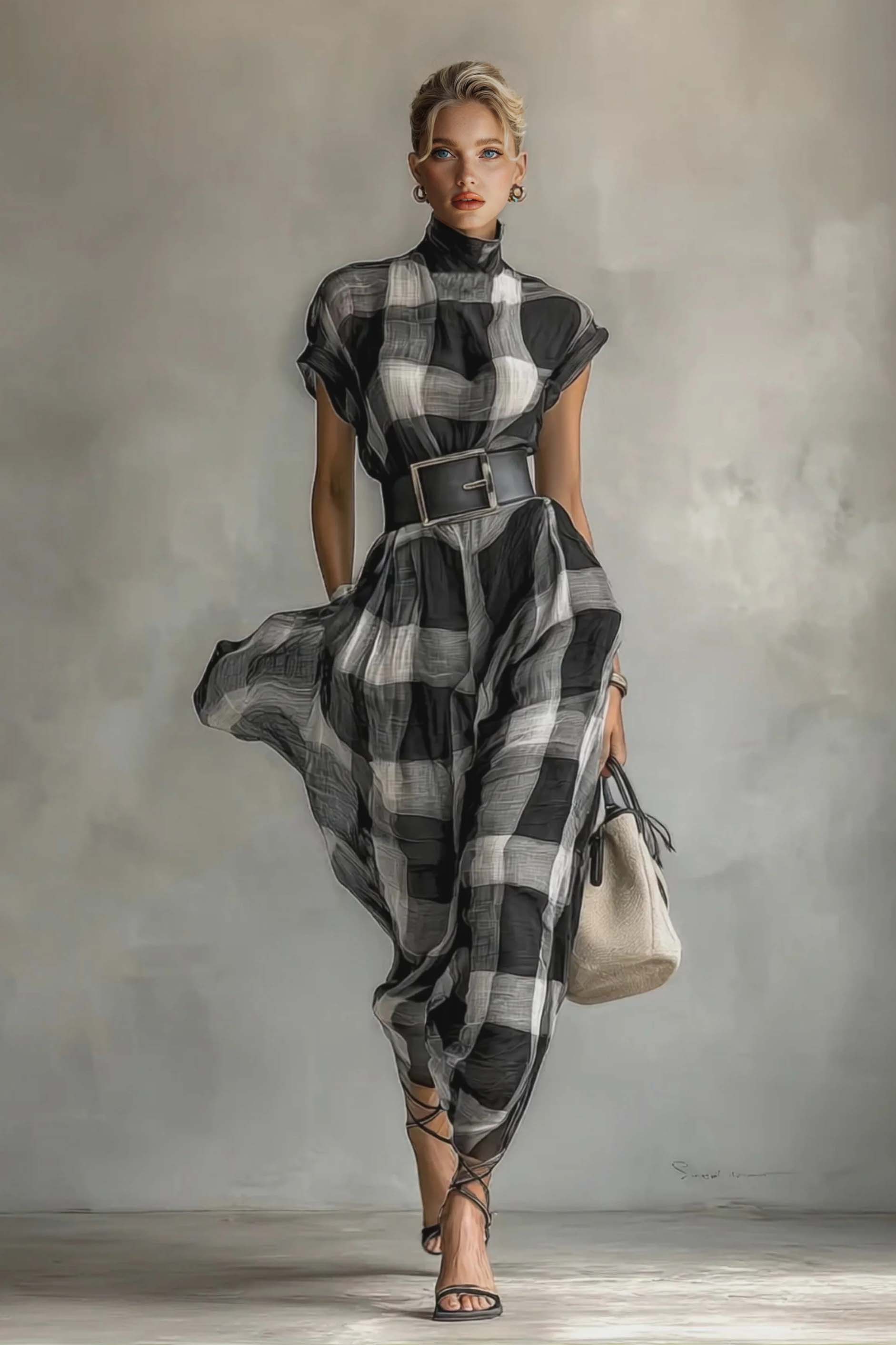 Checked Pattern Stand-Collar Short-Sleeved Dress Black White