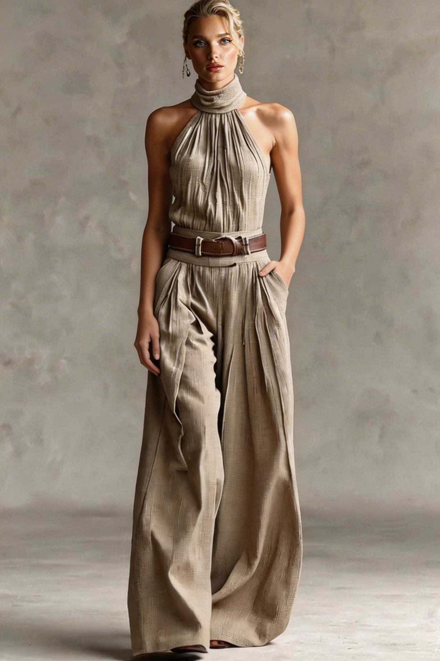 Minimalist High-Neck Off-Shoulder Jumpsuits Grey Brown