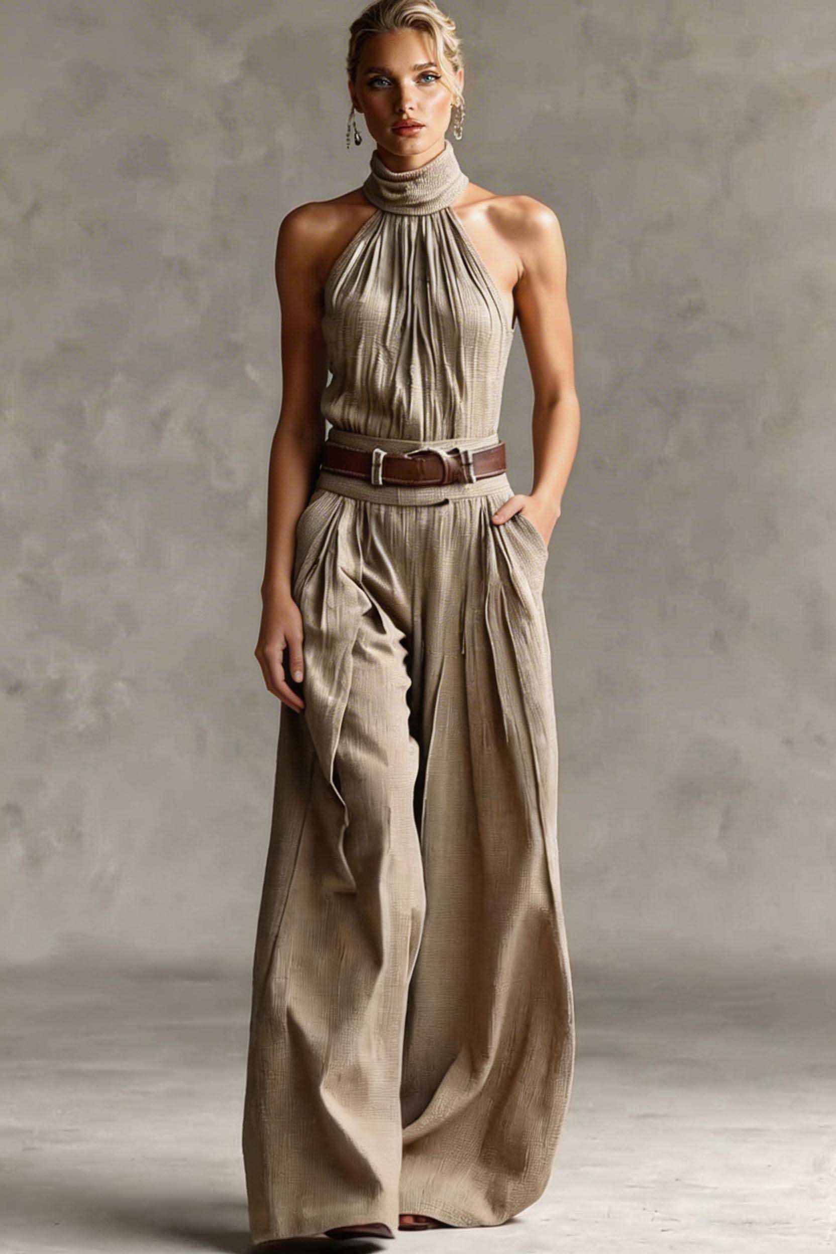 Minimalist High-Neck Off-Shoulder Jumpsuits Grey Brown