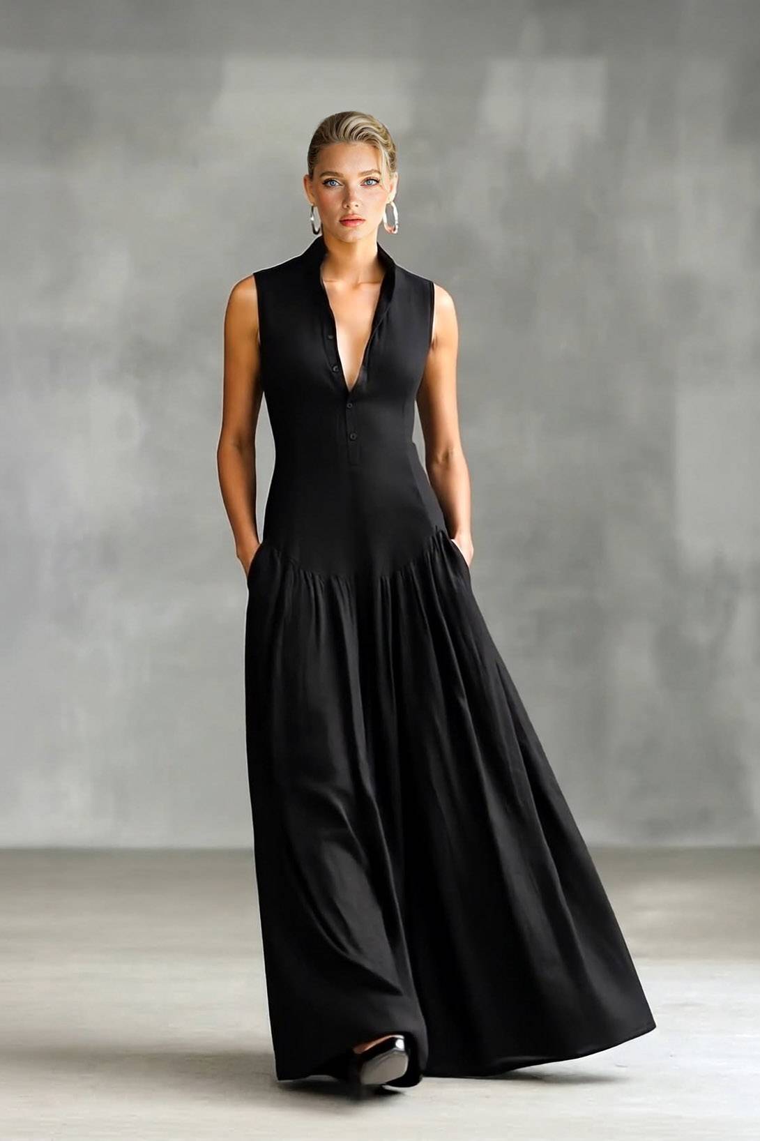 Minimalist Stand-Collar Maxi Dress Black