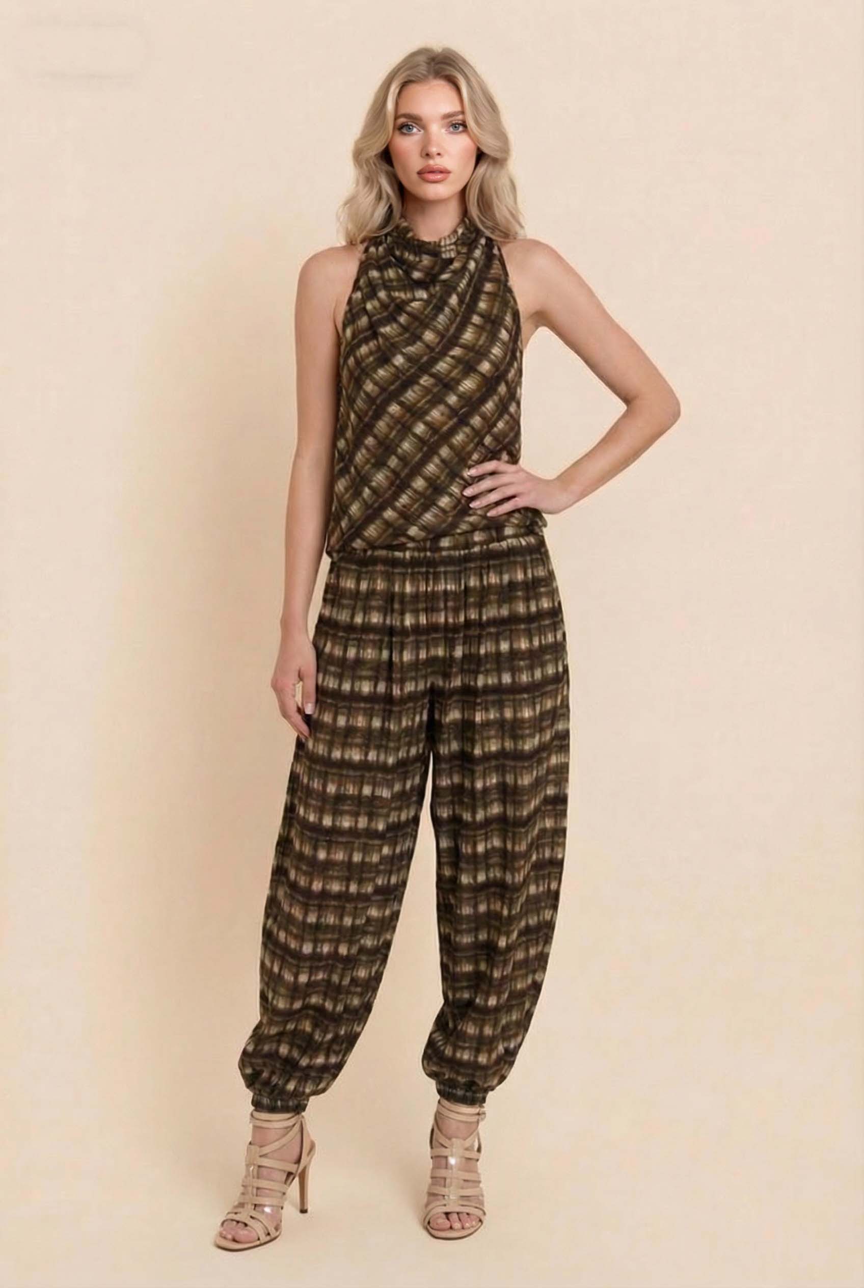 Plaid Cowl-Neck Top And Pants Set Brown