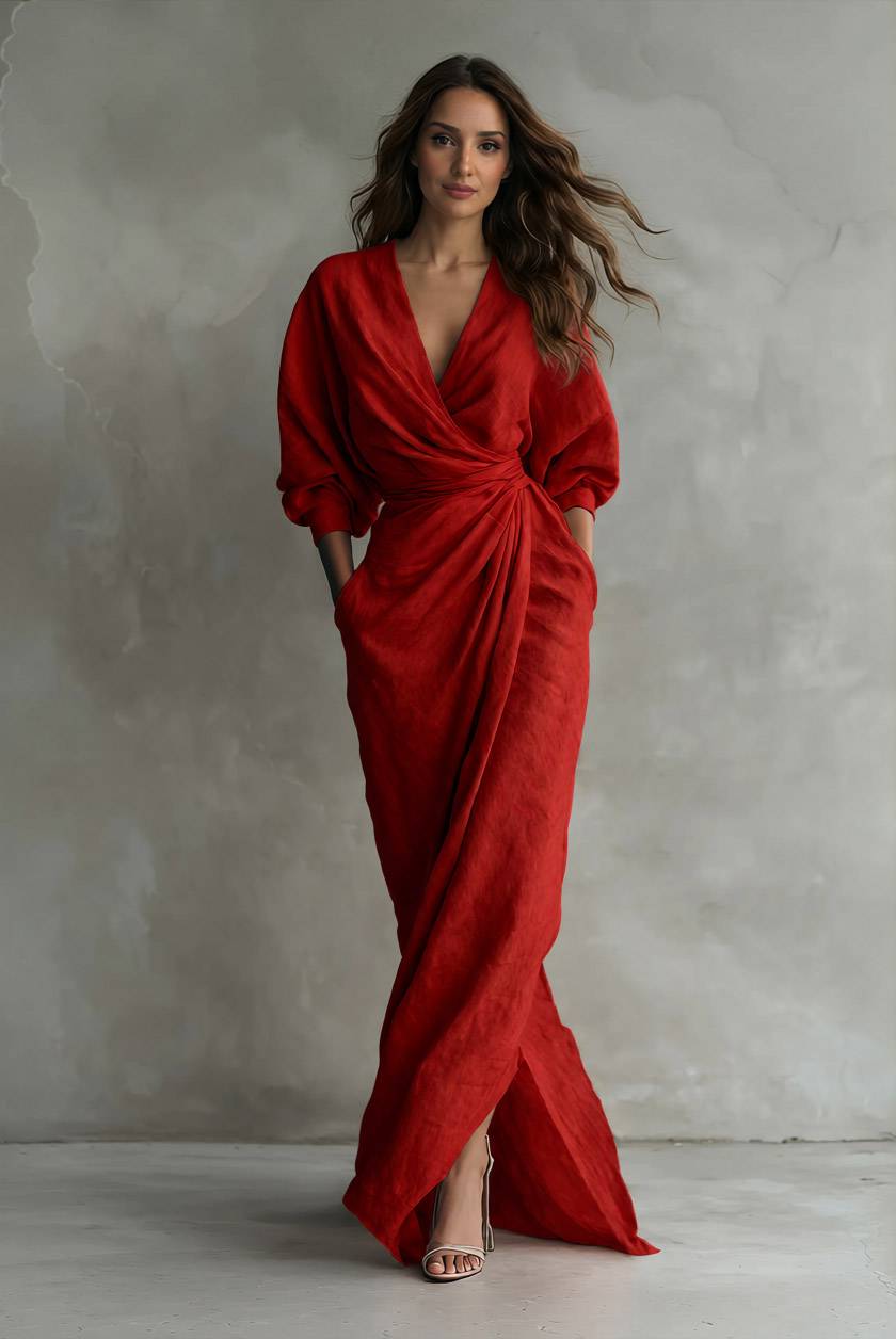 Vacation Style V-Neck Lace-Up Maxi Dress Red