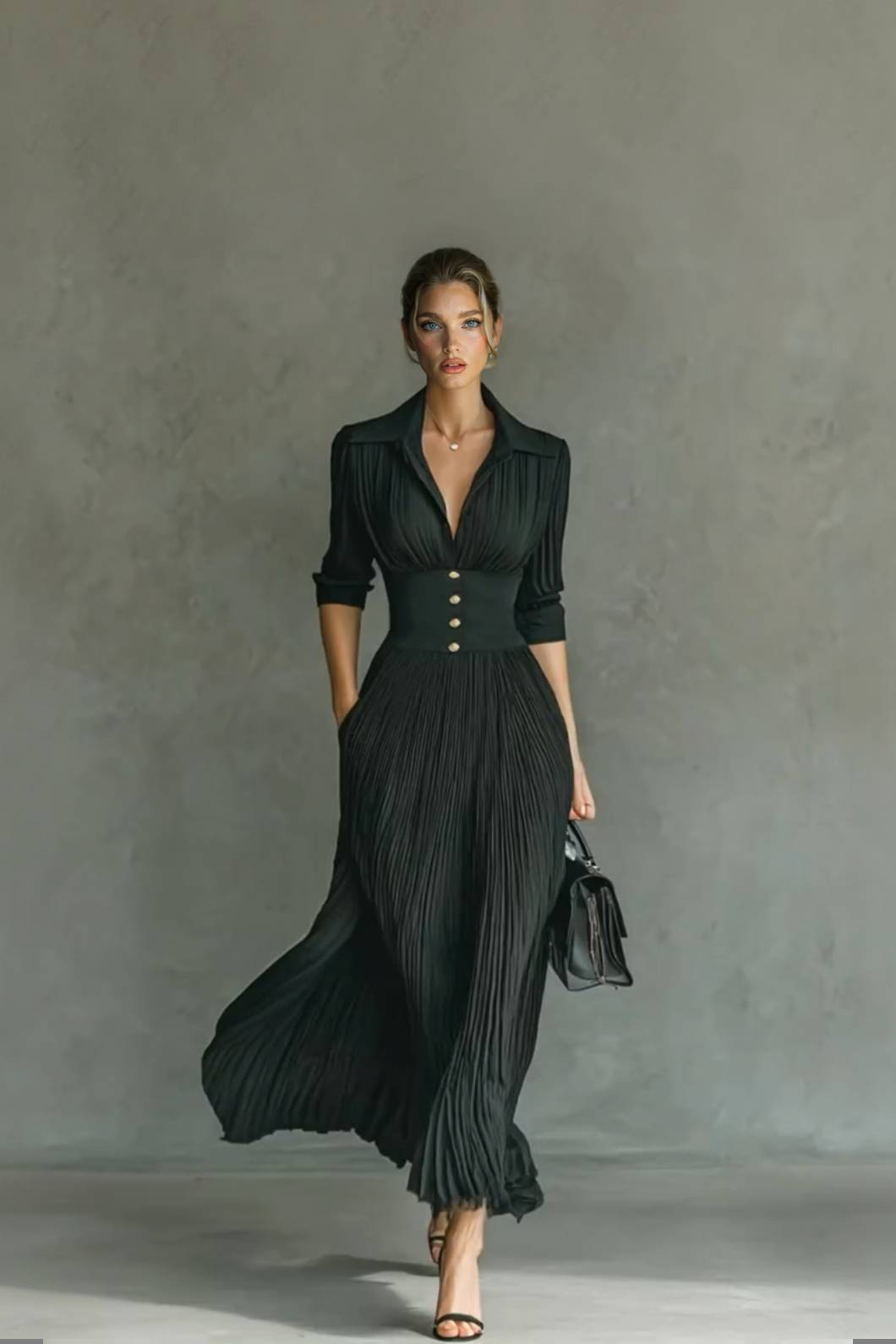 V-Neck Pleated High-Waist Dress Black