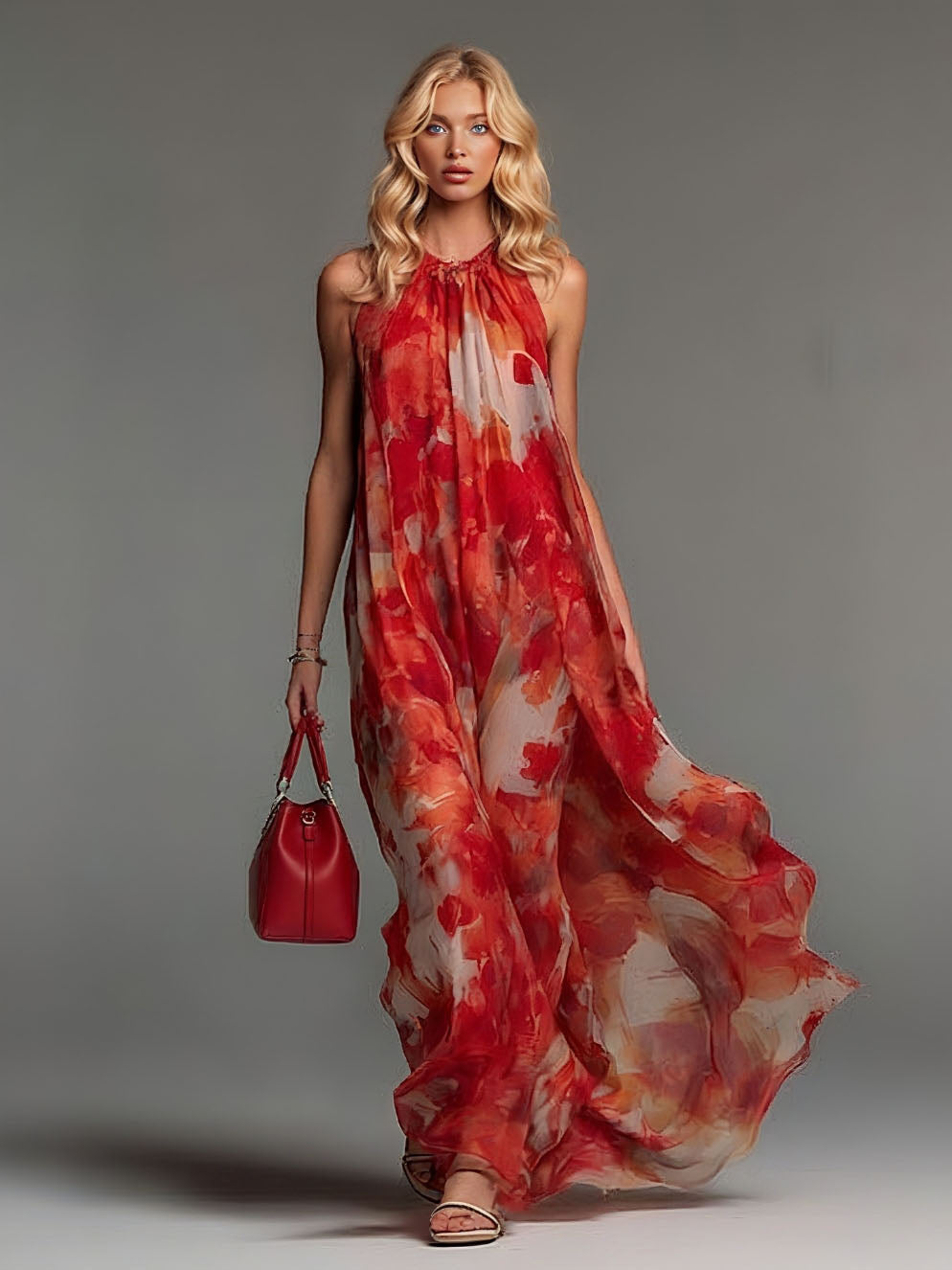 Elegant Watercolor Floral Backless Sheer Maxi Dress Red