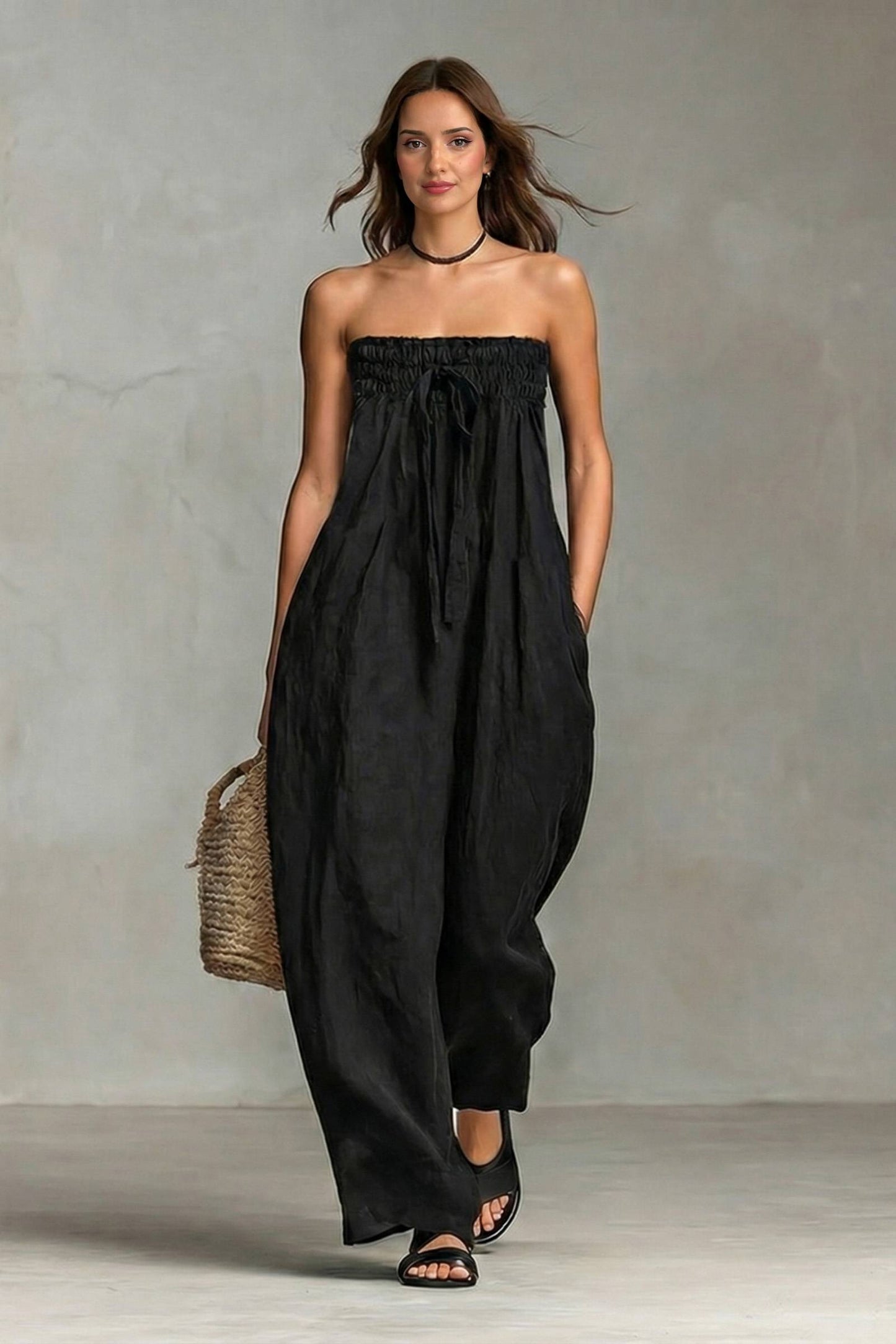 Pleated Design Strapless Jumpsuit Black