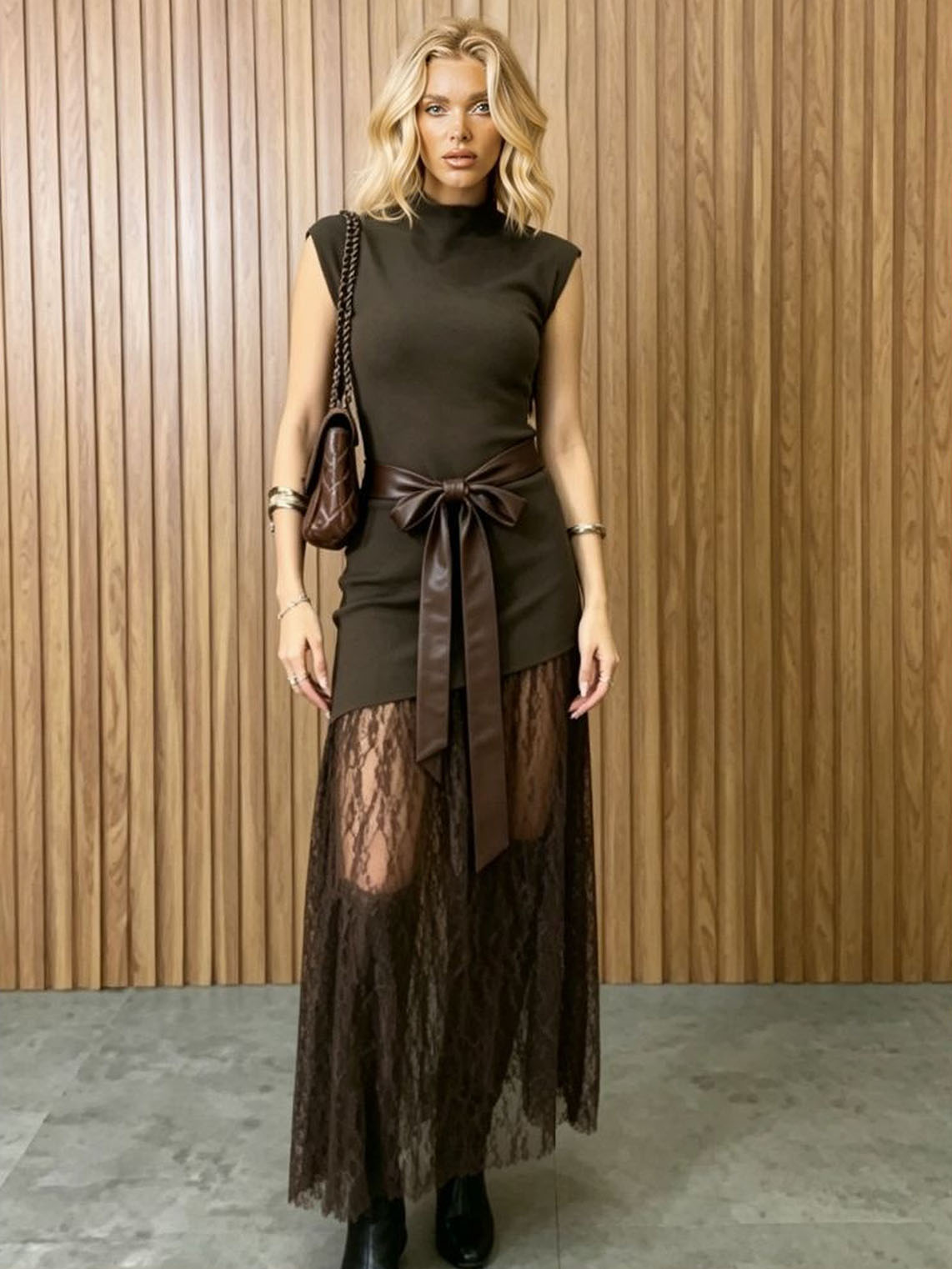 Sleeveless Lace Panel Maxi Dress Brown