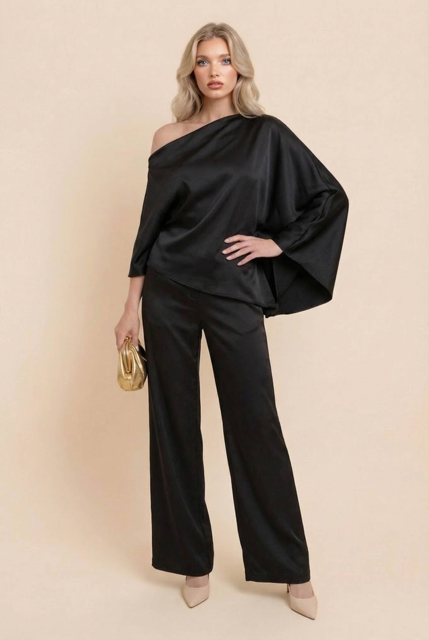 Off-Shoulder Asymmetric Shirt And Wide Leg Pants Set Black