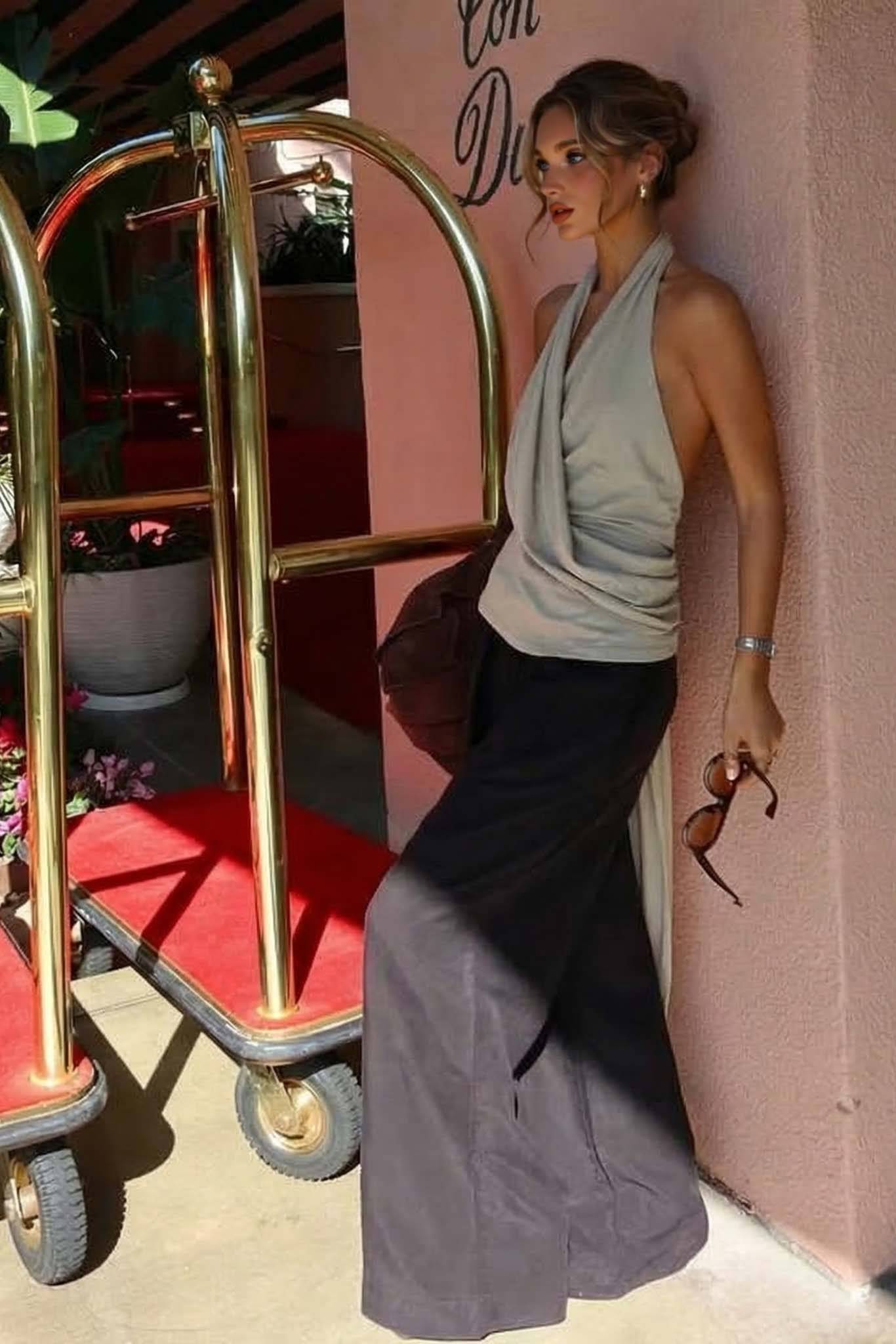 Minimalist Halter-Neck Backless Top And Pants Set Grey