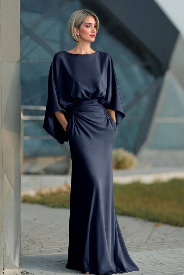 Boat Neck Backless Pleated Maxi Dress Navy