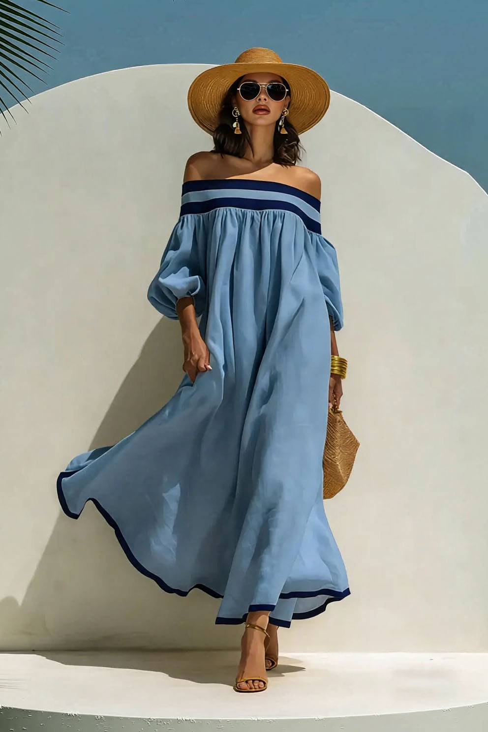 Color Contrast Off-Shoulder Loose-Fitting Dress Blue